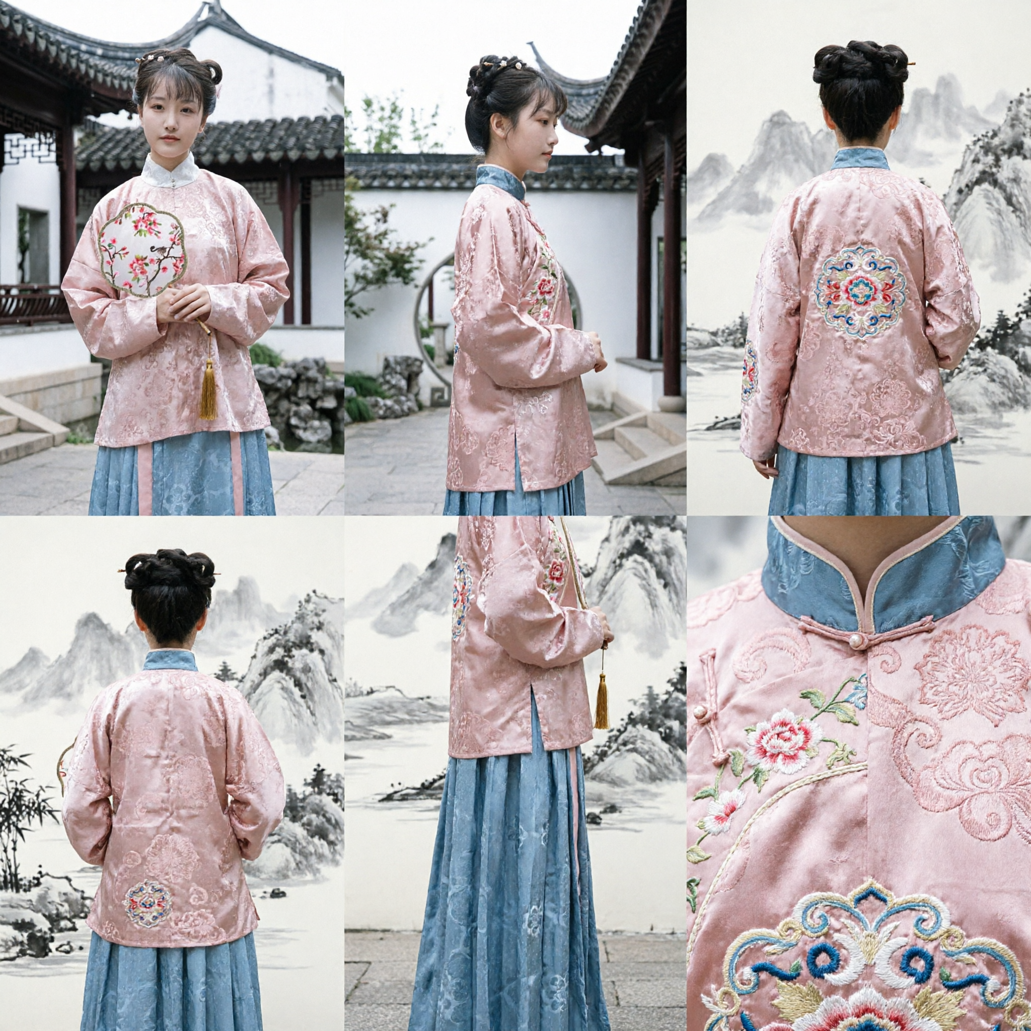 Costume Antico Hanfu Dinastia Ming Cinese Tradizionale Top Rosa in Broccato e Gonna Blu per Fotografia Femminile - Asian Costume