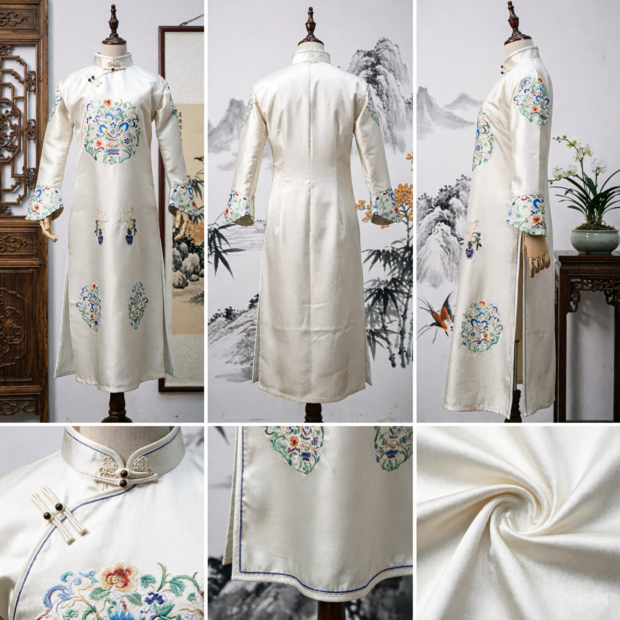 Abito Cheongsam Bianco Cinese Tradizionale con Ricami Floreali Costume in Seta Satin per Spettacoli Femminili - Asian Costume