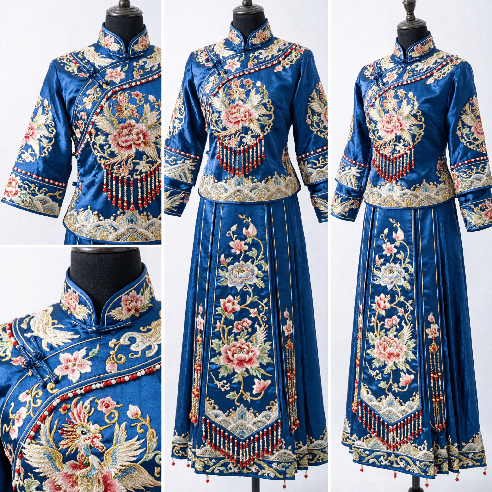 Accessoires capillaires anciens chinois couronne phénix, coiffe de mariée Hanfu en filigrane doré avec perles rouges et franges - Asian Costume