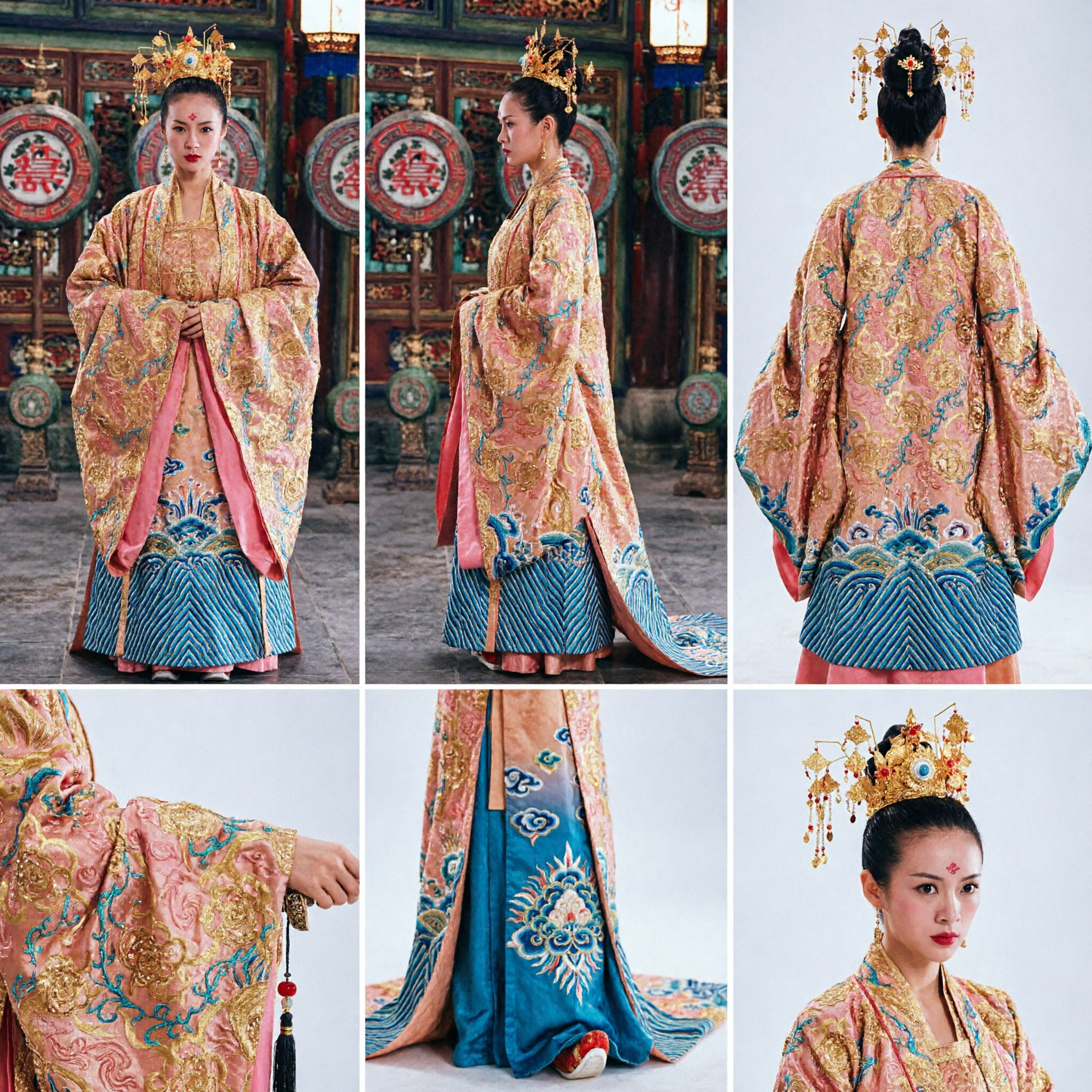 Costume d'impératrice de la dynastie Tang ancienne chinoise, robe Hanfu rose brodée d'or avec coiffe pour femme - Asian Costume
