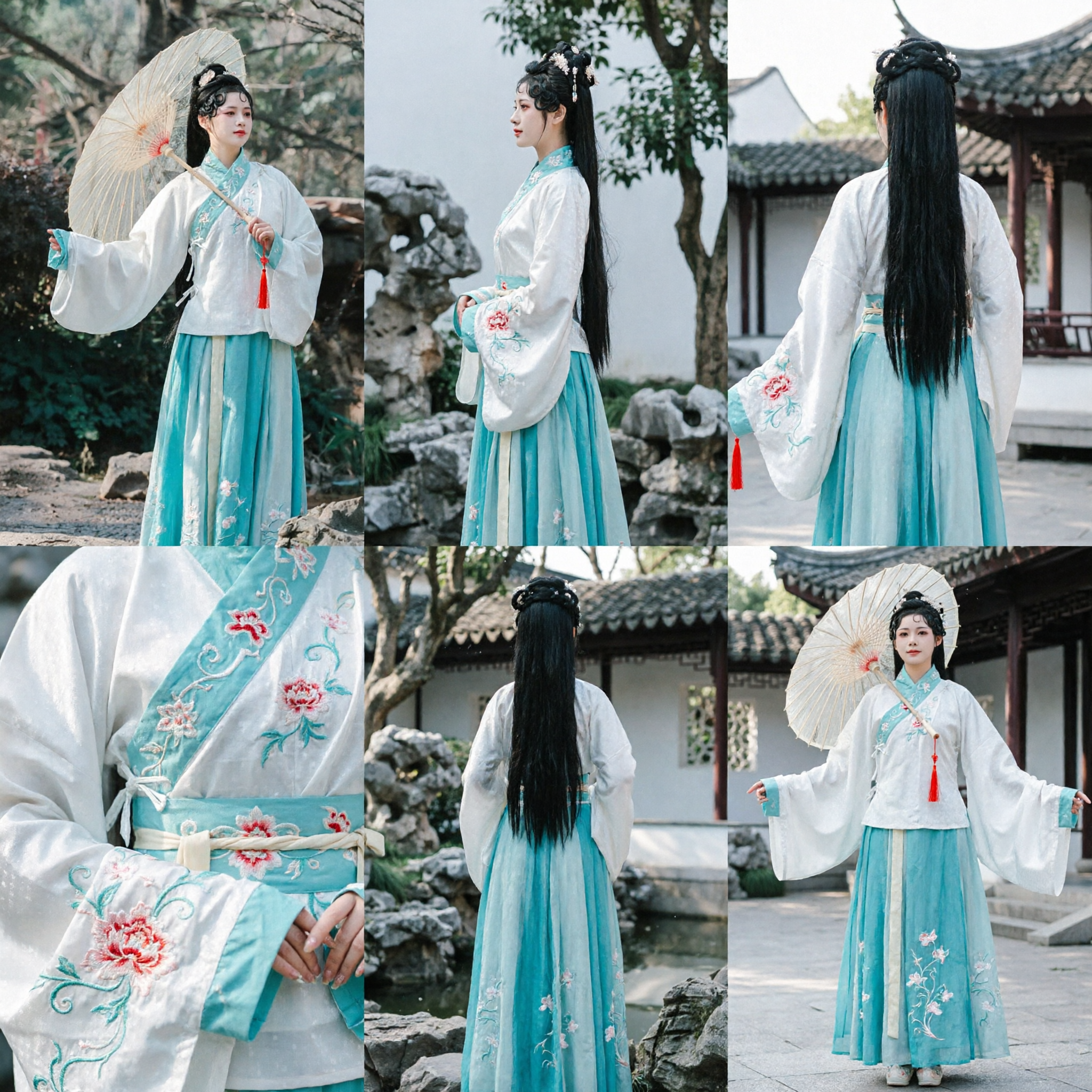 Traditioneel Chinees Hanfu Kostuum voor Vrouwen Oud Geborduurde Witte Top en Blauwe Rok Set met Parasol - Asian Costume