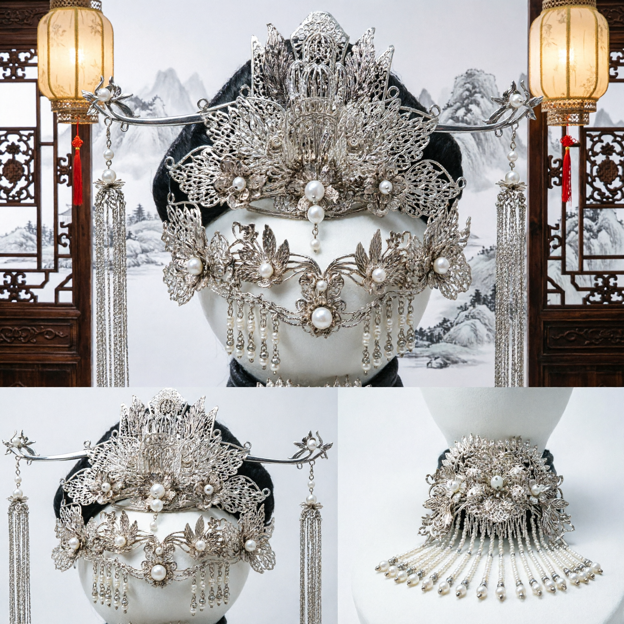 Traditionele Chinese Hanfu Haaraccessoires Zilveren Feniks Kroon Set met Parels voor Trouw Bruids Hoofddeksel - Asian Costume