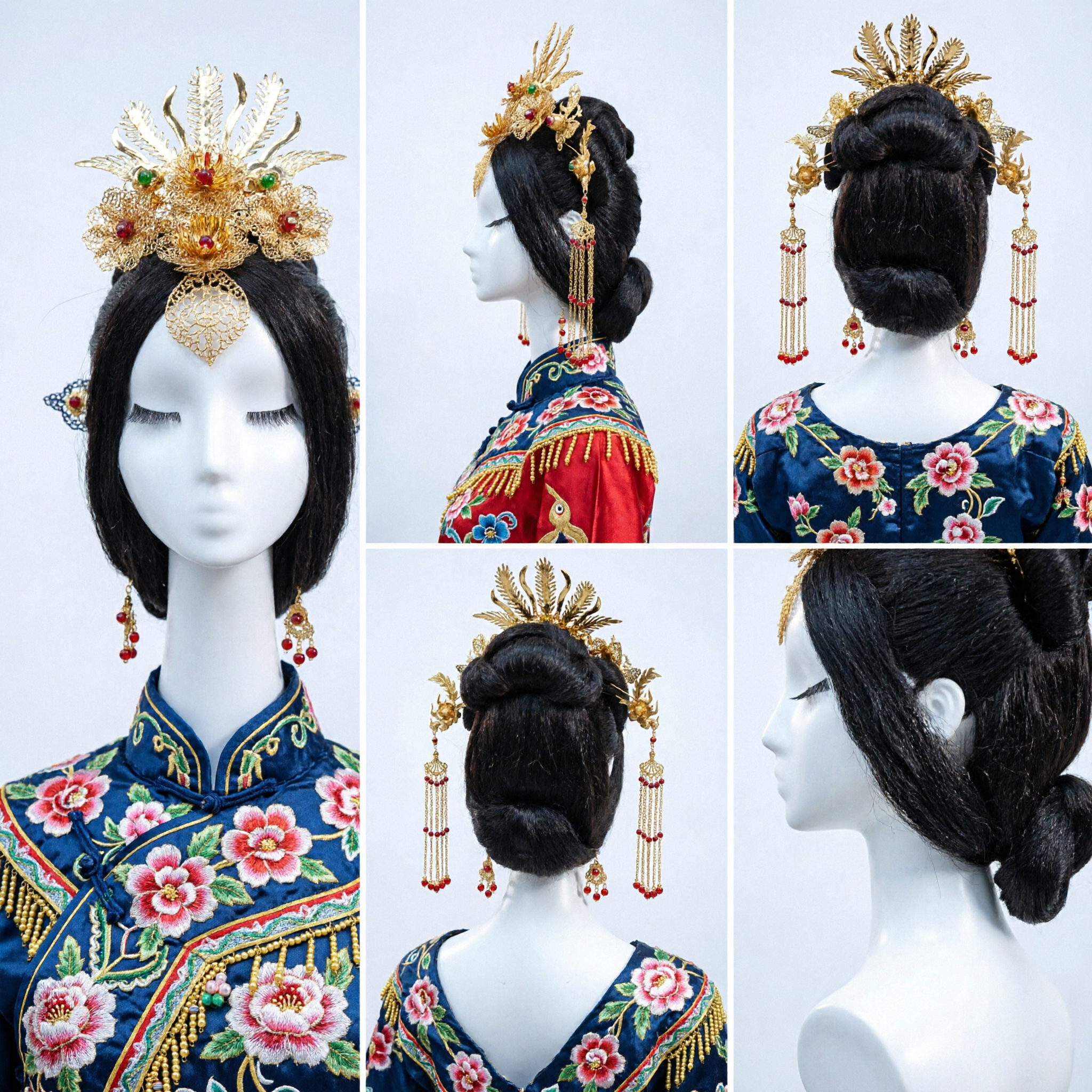 Acessórios de Cabelo de Coroa de Fênix Dourada Tradicional Chinesa com Borlas para Traje de Casamento Hanfu para Noiva - Asian Costume