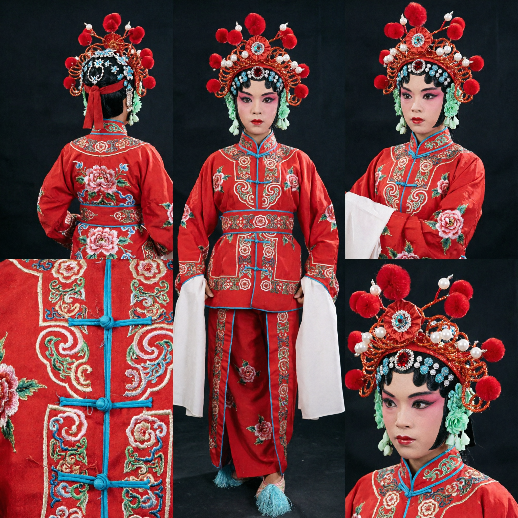 Costume d'opéra de Pékin traditionnel chinois pour enfants, tenue d'arts martiaux Wudan rouge brodée avec coiffe et lance - Asian Costume