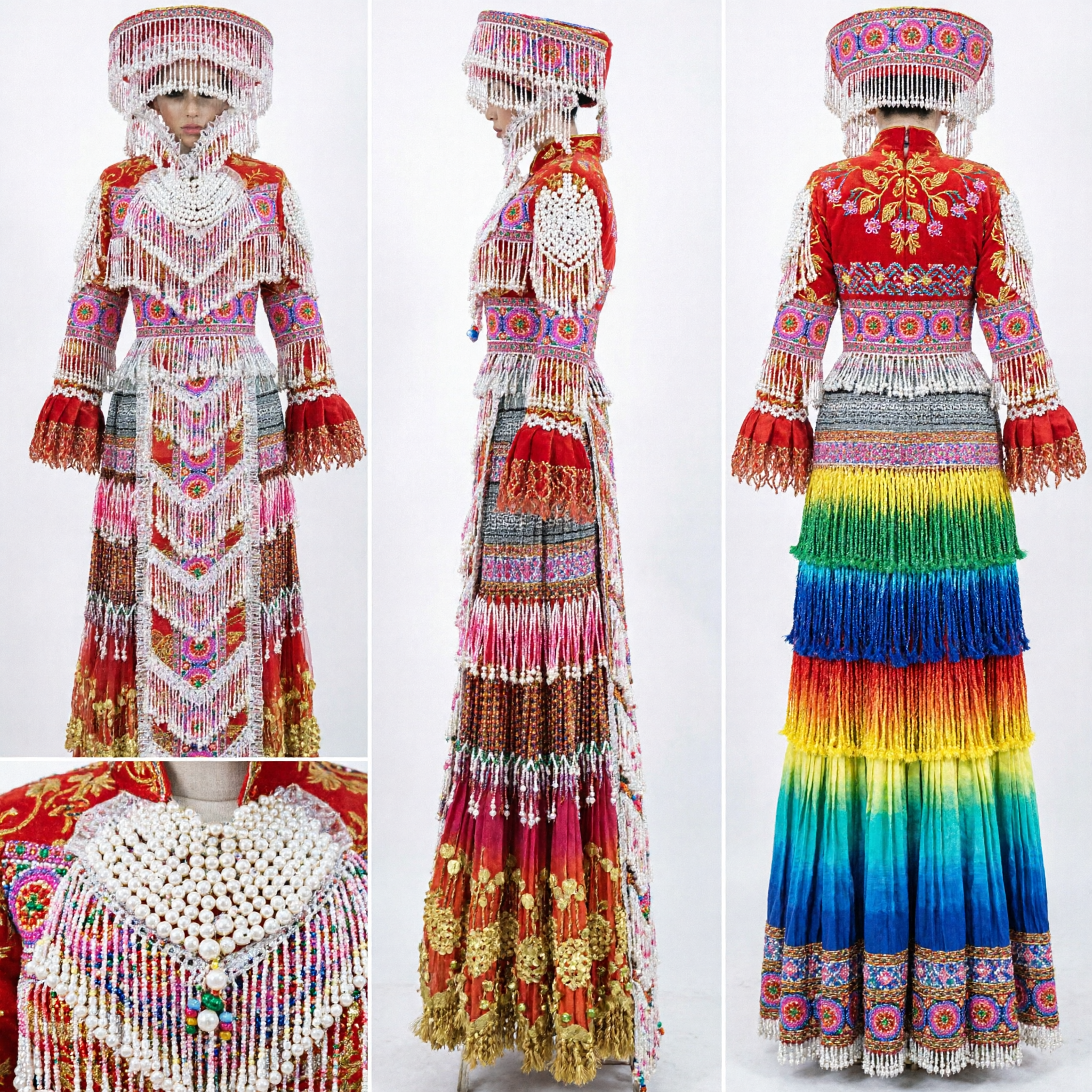 Traje de Noiva Tradicional da Minoria Étnica Miao Chinesa Vestido Vermelho Bordado com Chapéu de Miçangas para Mulheres - Asian Costume