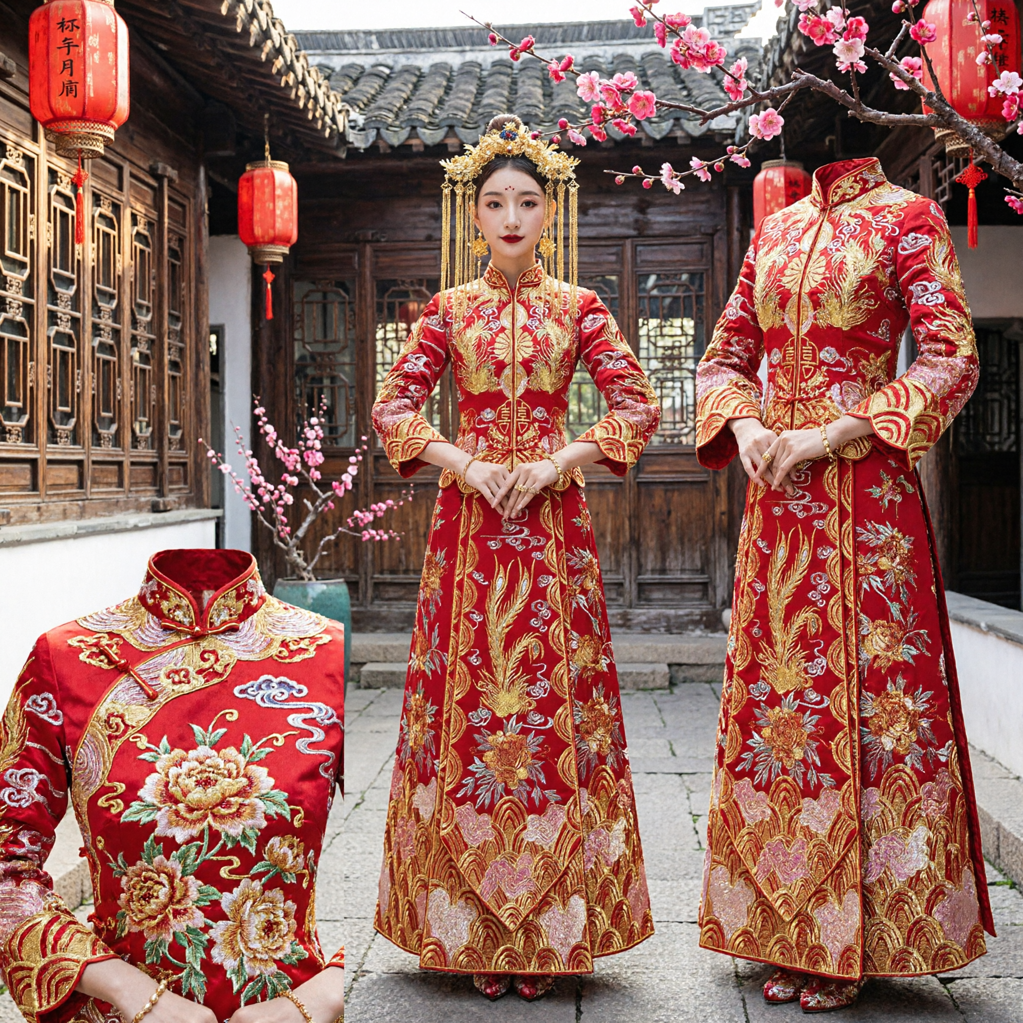 Abito da Sposa Tradizionale Cinese per Donne Qun Kwa Rosso Oro Ricamo Drago Fenice Gonna Maniche Lunghe - Asian Costume