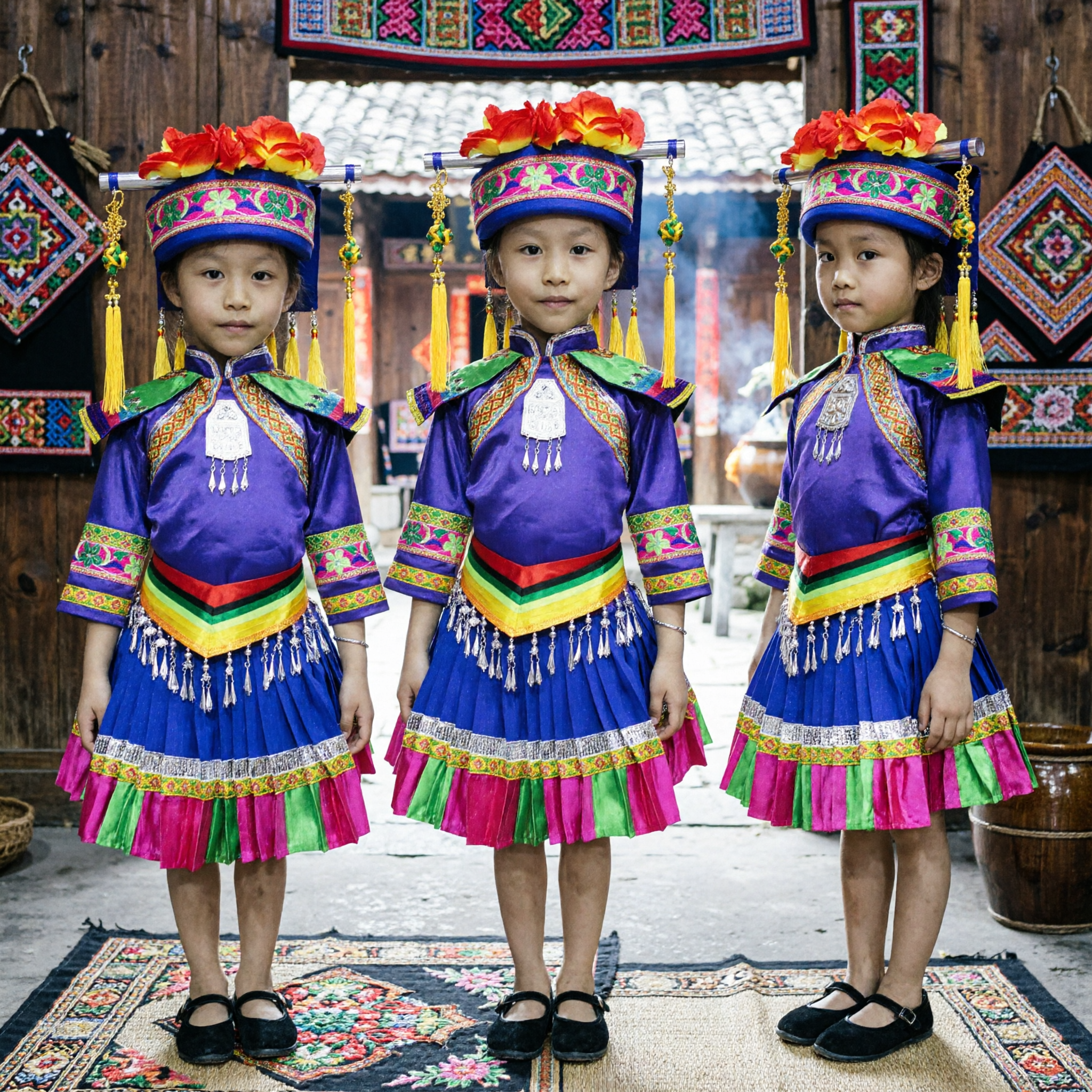 Chinese Ethnic Minority Dance Costume for Girls Traditional Stage Performance Outfit with Embroidered Hat - Asian Costume