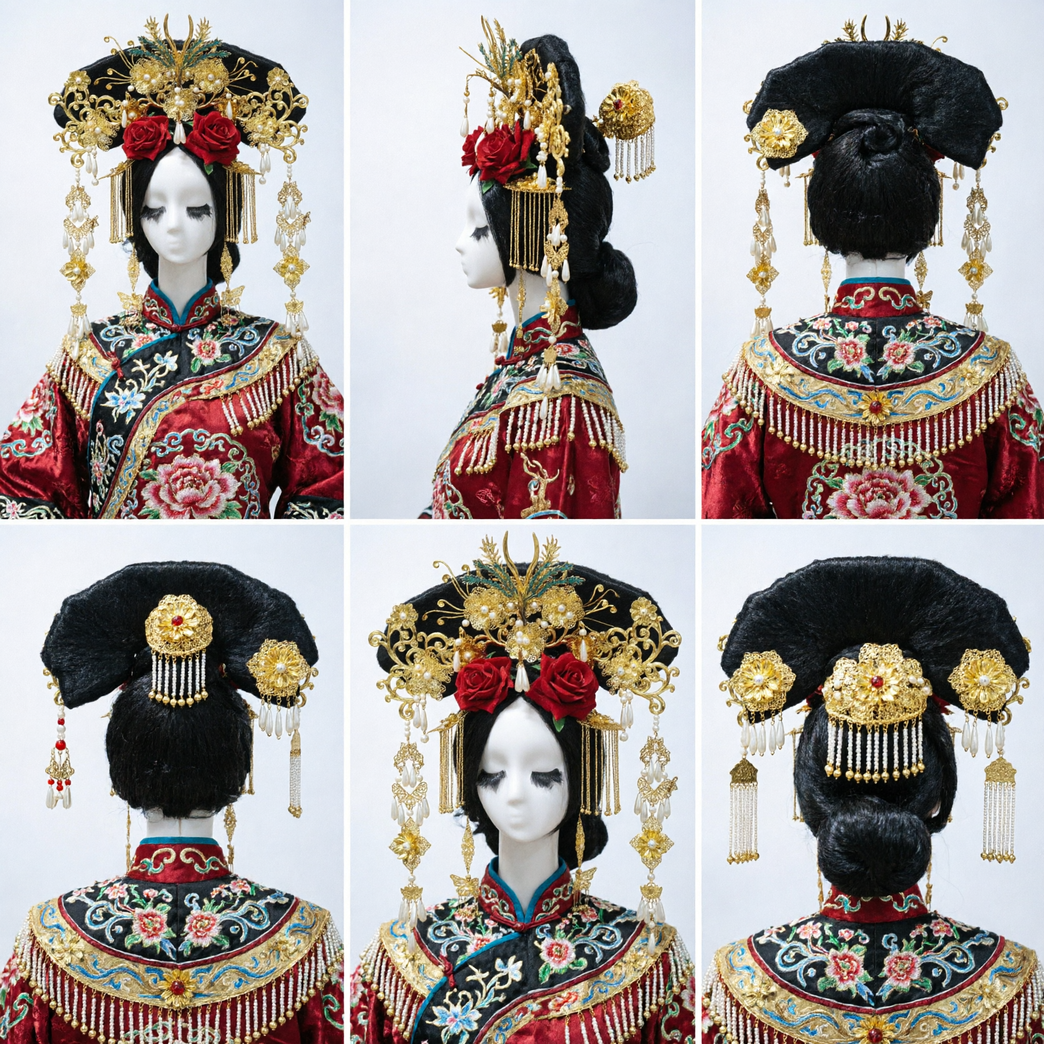 Традиционный китайский головной убор императрицы эпохи Цин: золотые свадебные аксессуары для волос с фениксом и красными цветами для женщин в ханьфу - Asian Costume