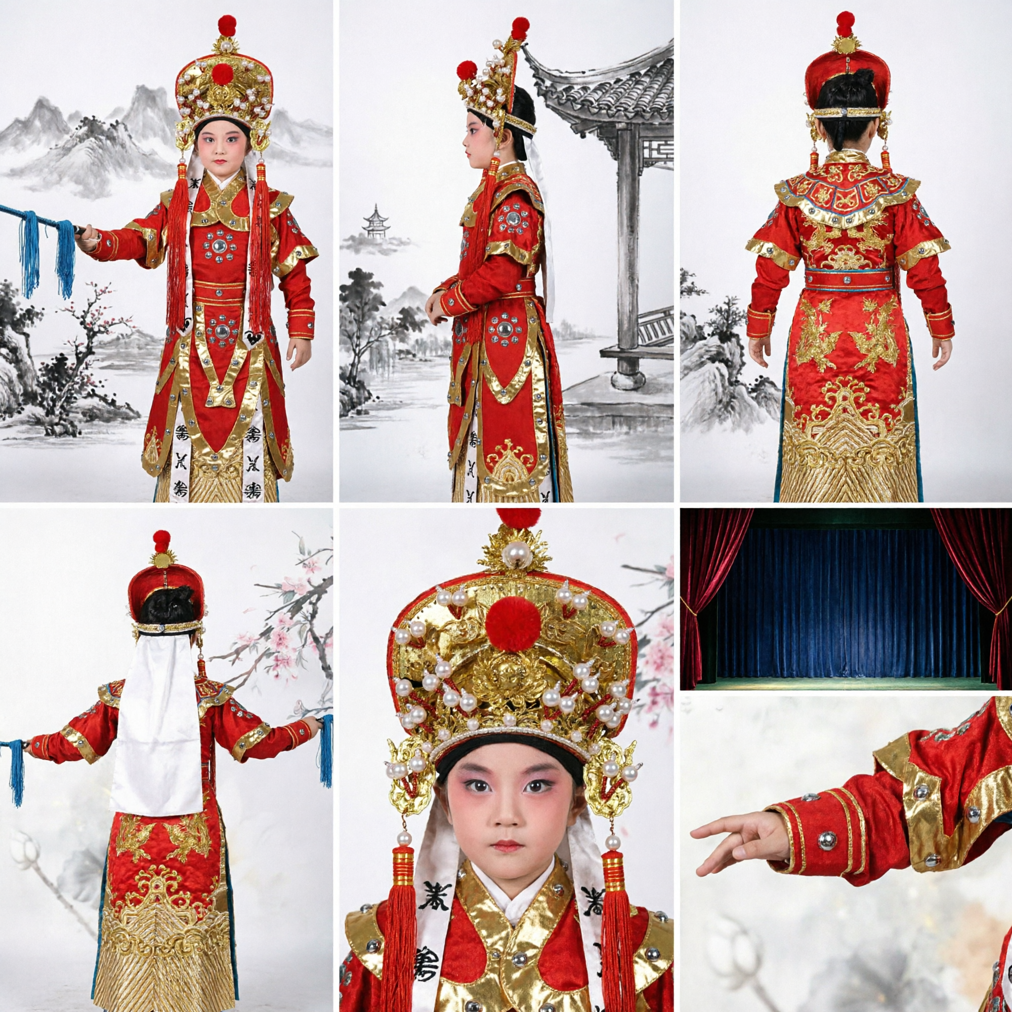 Costume d'Opéra de Pékin Traditionnel Chinois pour Enfants, Robe de Guerrière Générale Femme Rouge avec Coiffe, Tenue de Spectacle - Asian Costume