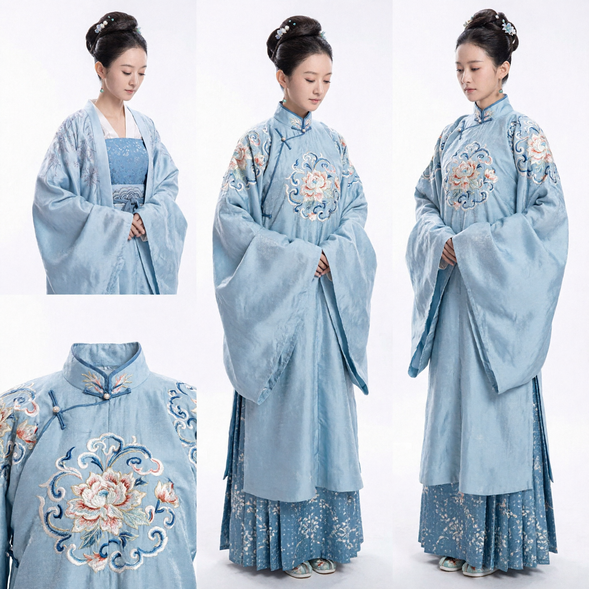 Set Hanfu della Dinastia Song Tradizionale Cinese, Costume Antico Ricamato Azzurro Chiaro per Donne, Rievocazione Storica - Asian Costume