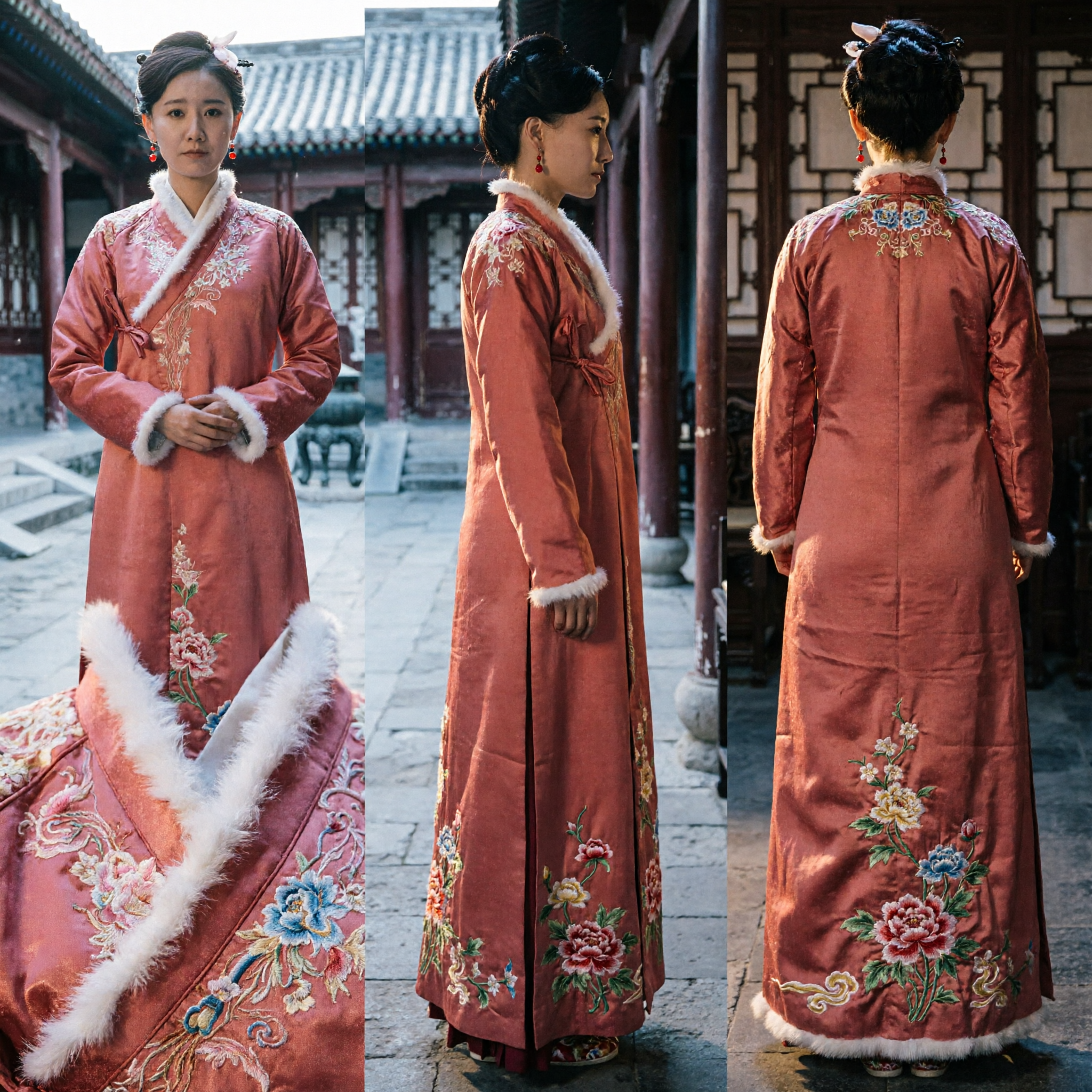 Antico Costume Hanfu della Dinastia Song per Nobildonna Invernale, Veste Arancione Ricamata con Colletto in Pelliccia per Donne Cosplay - Asian Costume