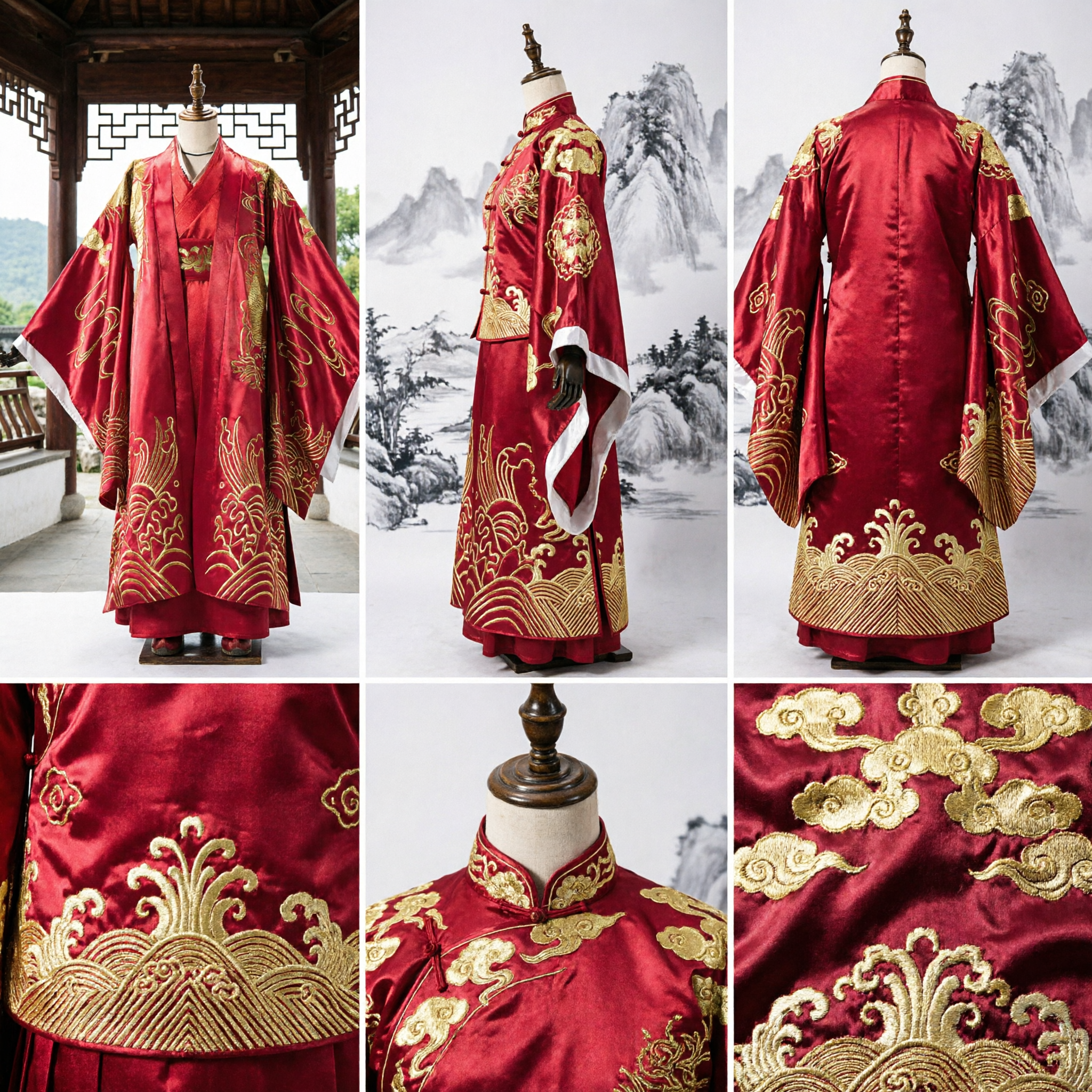 Traditionelles chinesisches Hanfu-Hochzeitskostüm, rot und gold bestickt, antikes Paar-Outfit für Braut und Bräutigam - Asian Costume