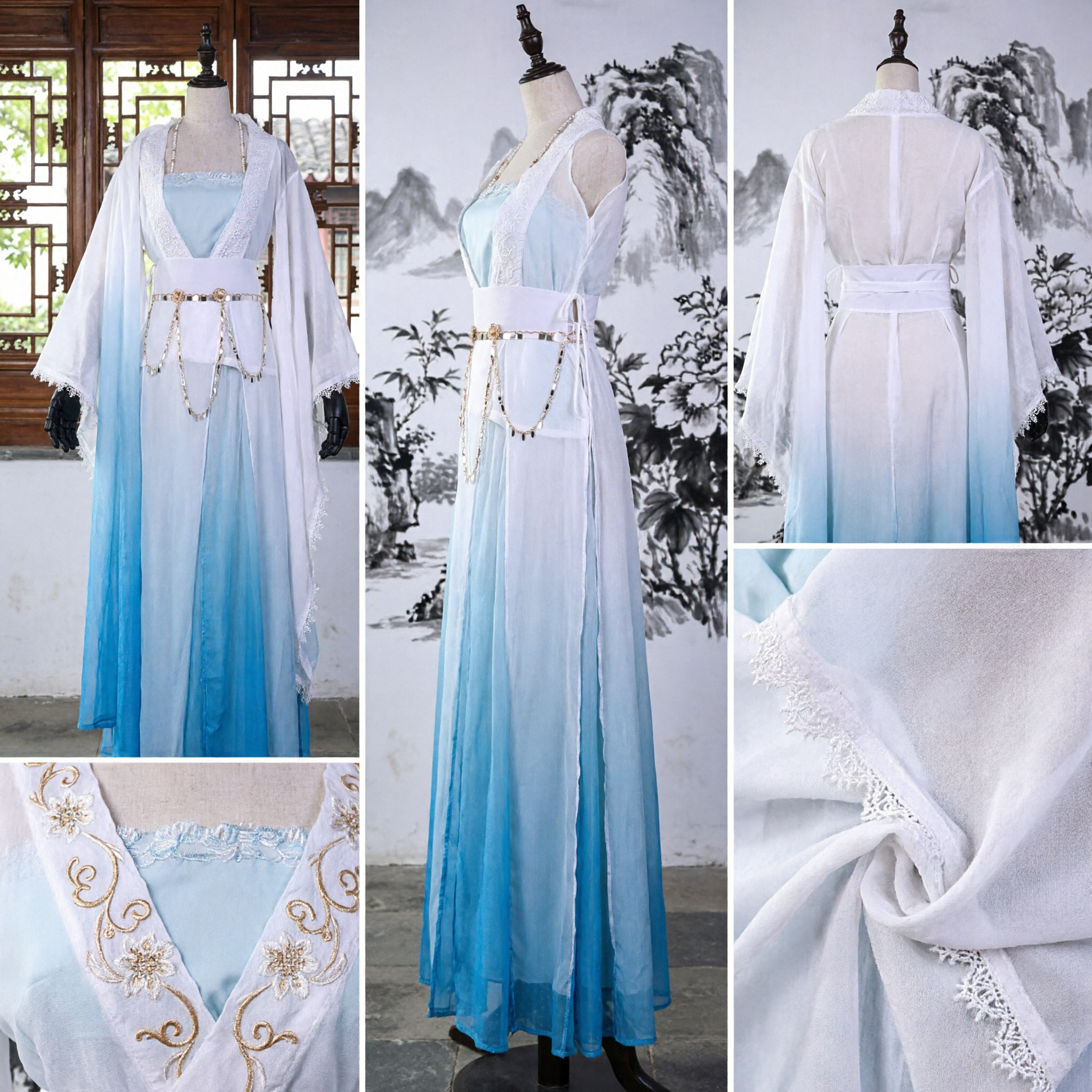 Elegante Abito Hanfu a Sfumature Blu, Costume Antico Tradizionale Cinese a Maniche Ampie per Donne, Outfit da Fata - Asian Costume
