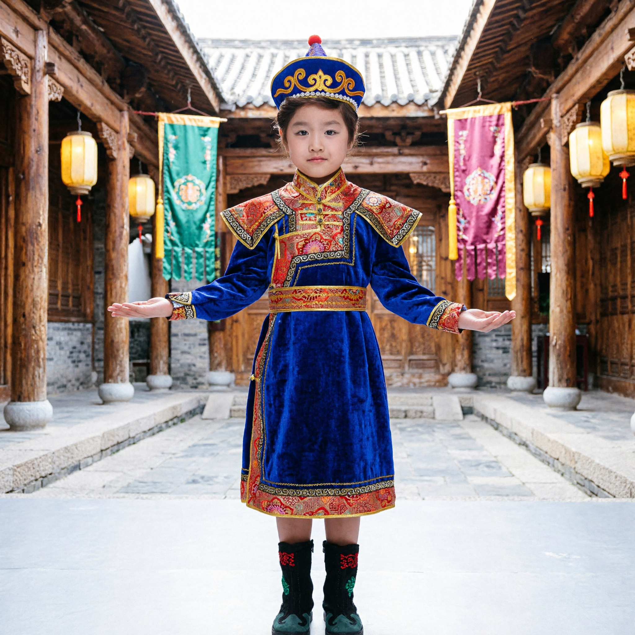 Kids Boys Mongolian Traditional Ethnic Dance Performance Costume Blue Embroidered Robe and Hat Set - Asian Costume