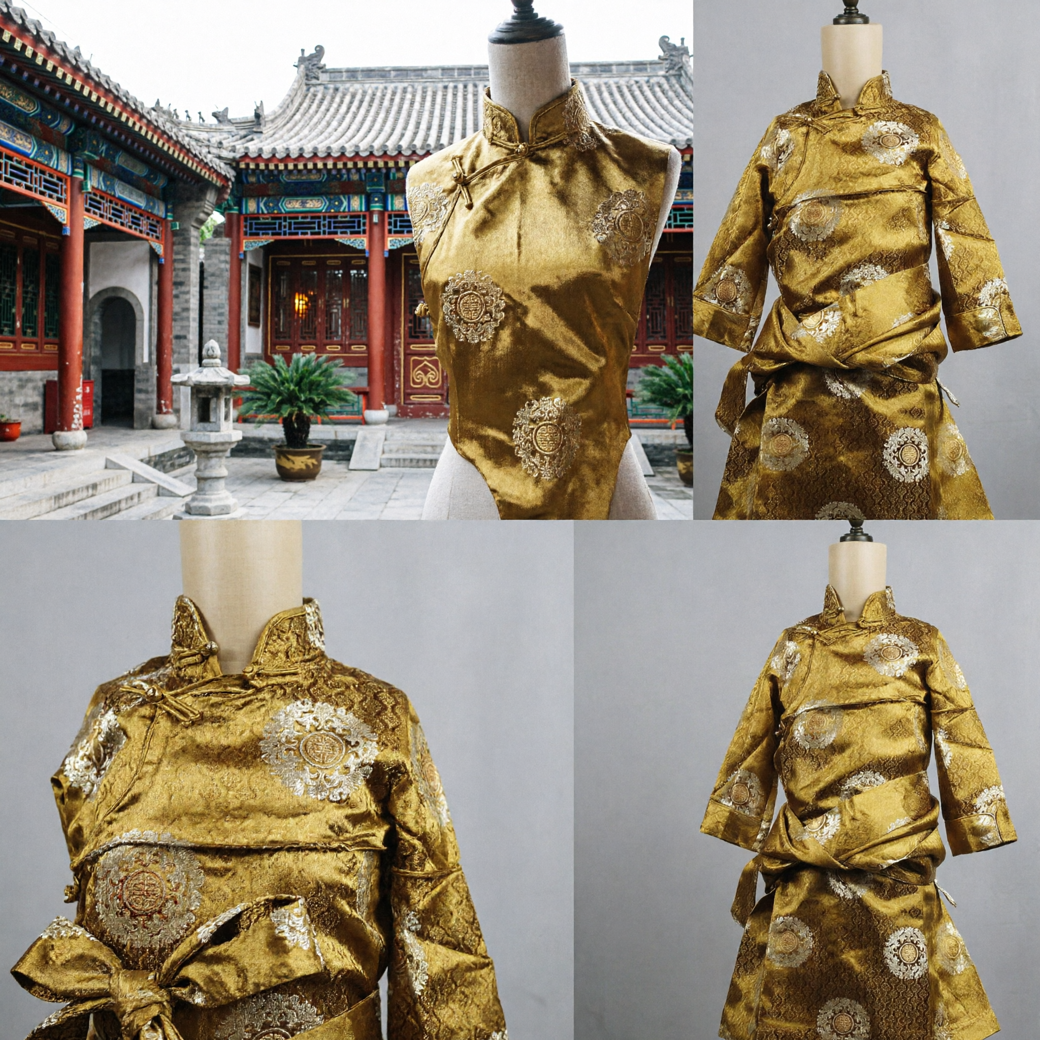Deel de Brocado Dorado Tradicional Mongol, Túnica Étnica para Presentaciones Culturales y Celebraciones Festivas - Asian Costume