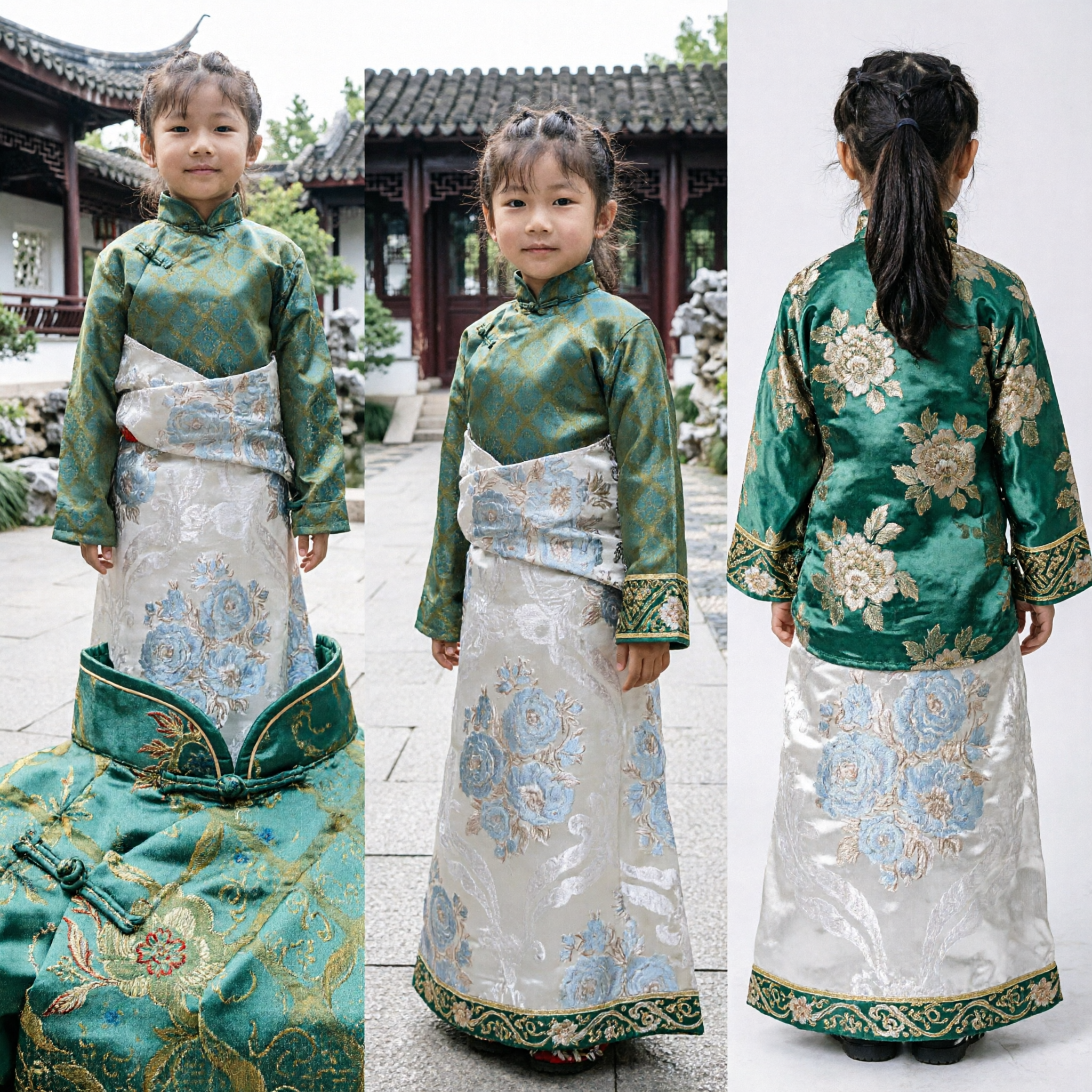 Traje Tibetano Tradicional para Niñas, Túnica Chuba de Seda Verde para Presentaciones de Danza Folclórica - Asian Costume