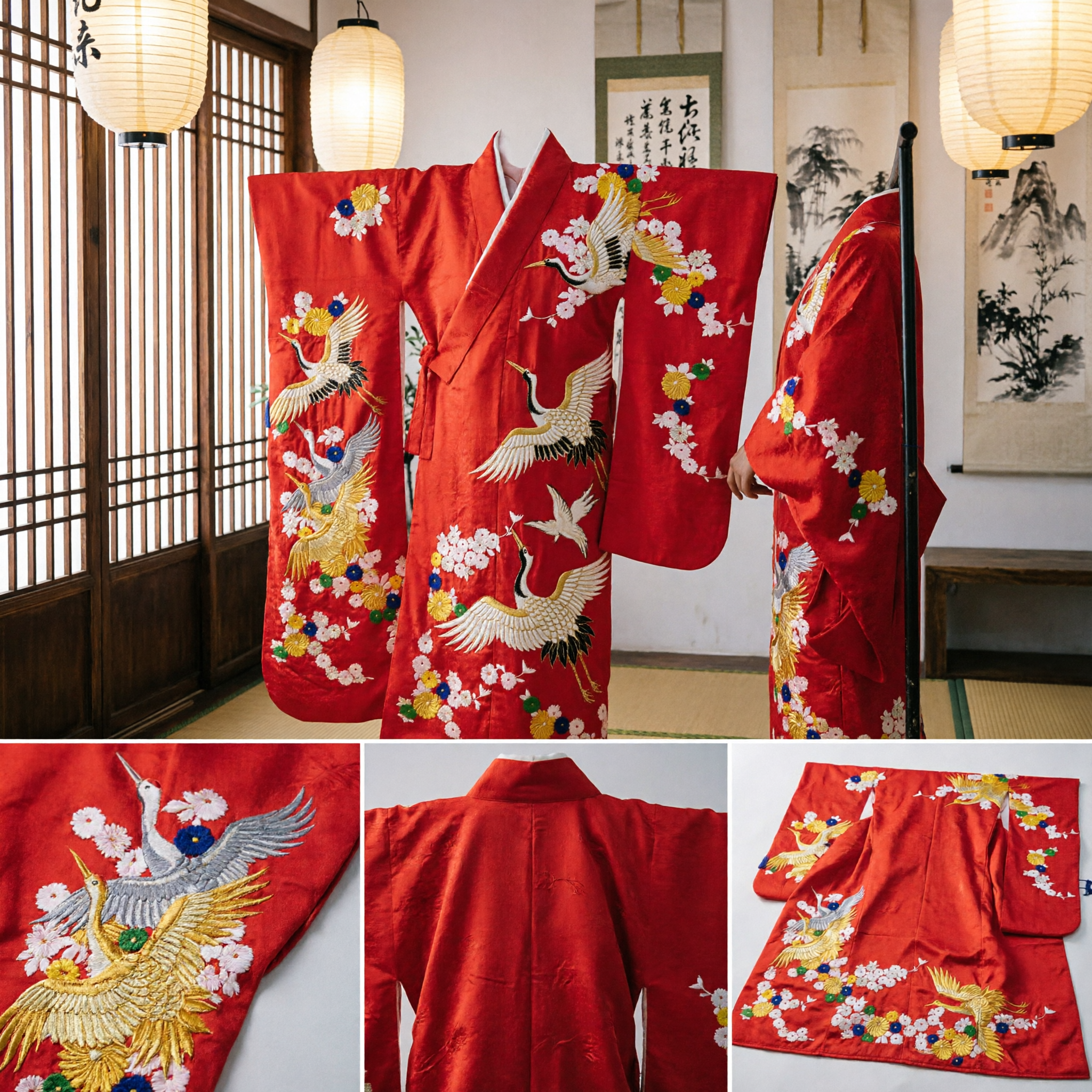 Jaskrawoczerwona Japońska Furisode Kimono ze Złotym Żurawiem i Kwiatowym Haftem dla Kobiet na Tradycyjne Ceremonie - Asian Costume