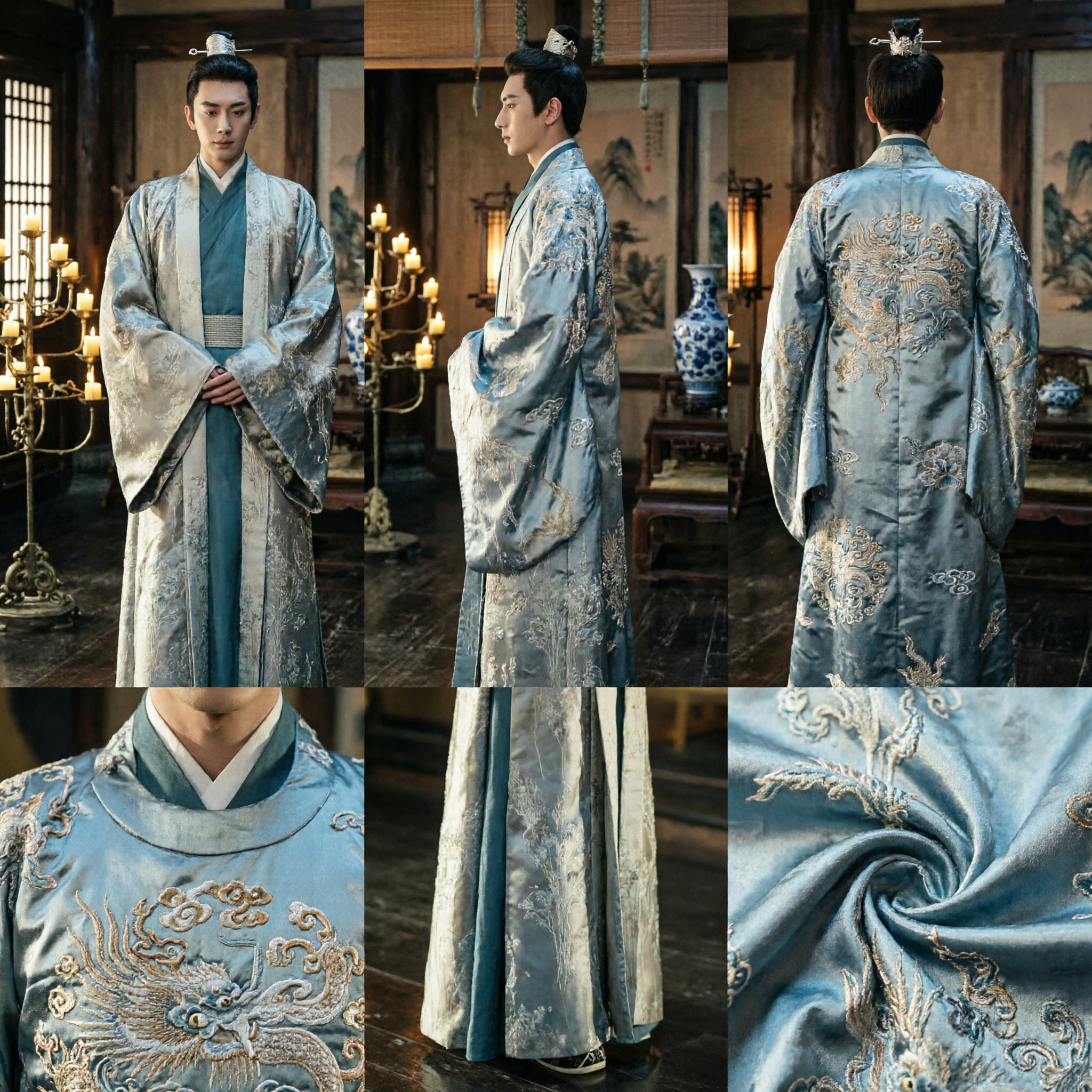 Costume Tradizionale Cinese Hanfu per Uomo Antica Veste in Broccato Blu Argento per Principe Nobiluomo Cosplay - Asian Costume