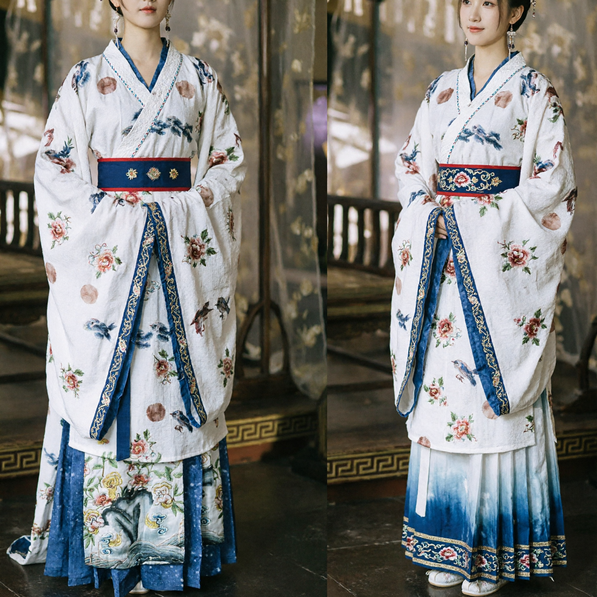 Costume Tradizionale Cinese Hanfu Antico per Donne Veste Bianca Floreale con Gonna Blu Abito per Cosplay Dramma Storico - Asian Costume