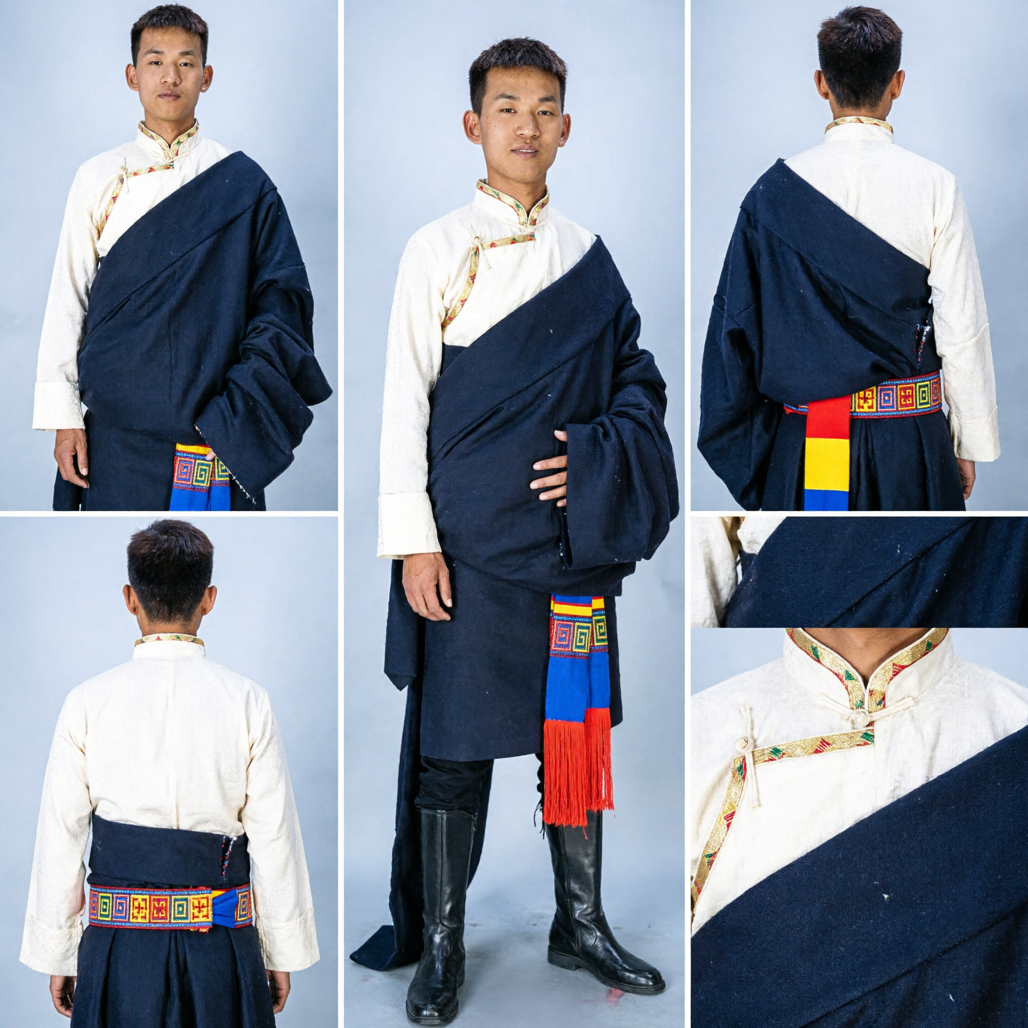 Set Costume Tibetano Tradizionale Chuba per Uomini Veste Nera Camicia Bianca Abbigliamento per Danza Folk Etnica - Asian Costume