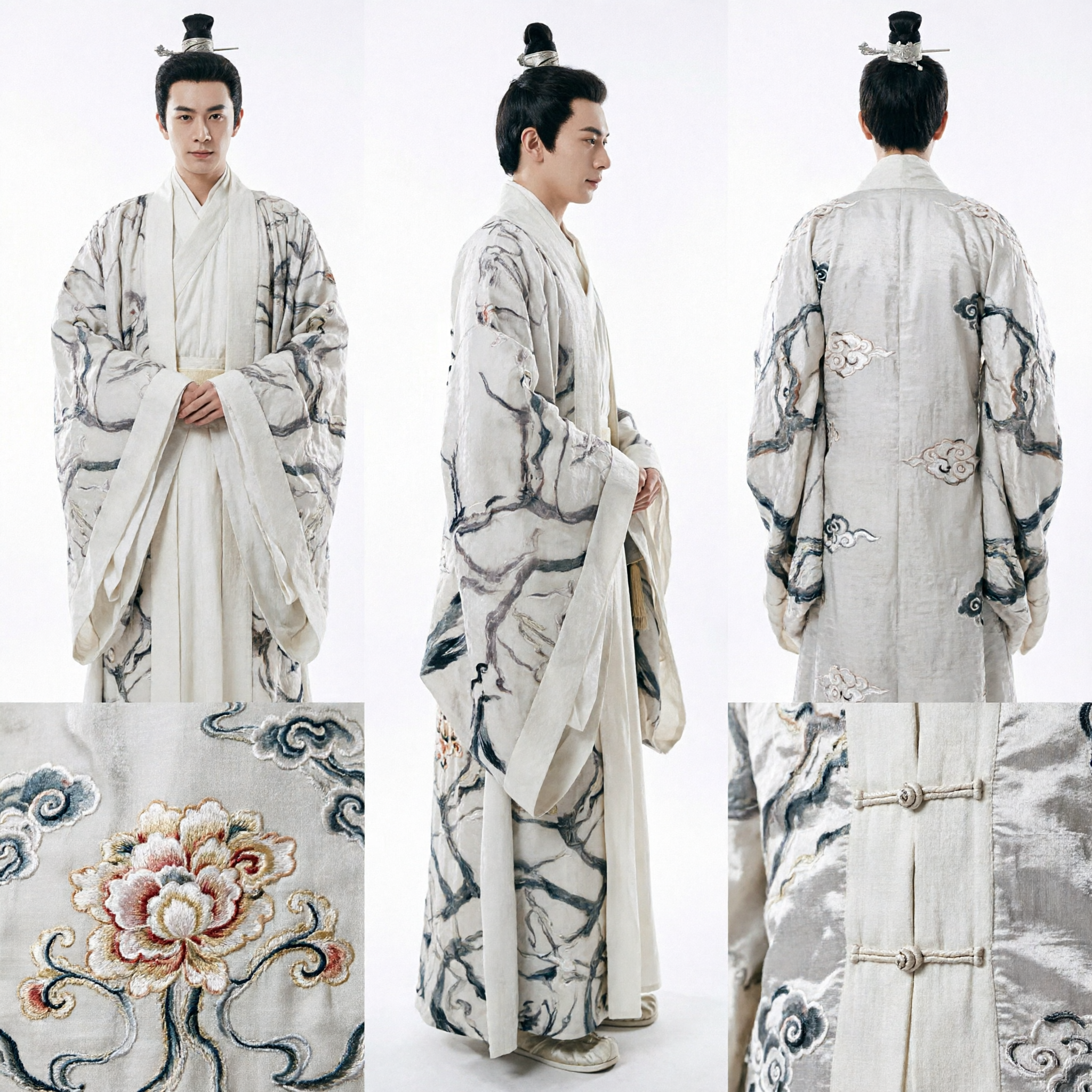 Costume tradizionale cinese Hanfu per uomini, Veste a maniche larghe con motivo ad inchiostro per antico studioso, per cosplay - Asian Costume