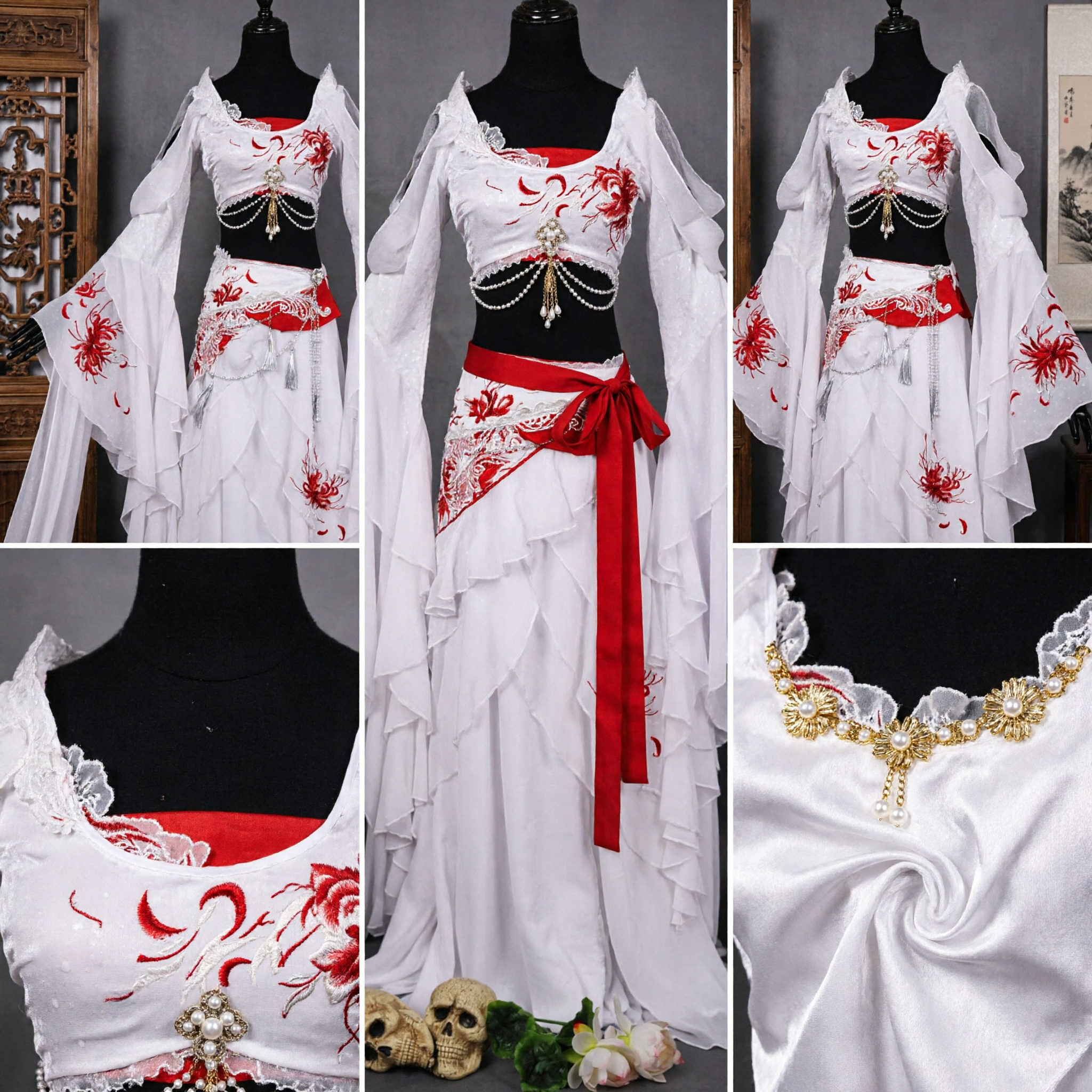 Costume Hanfu Cinese Antico Bianco Abito Fantasy Wuxia con Ricami Rossi Outfit Cosplay per Donne per Halloween - Asian Costume