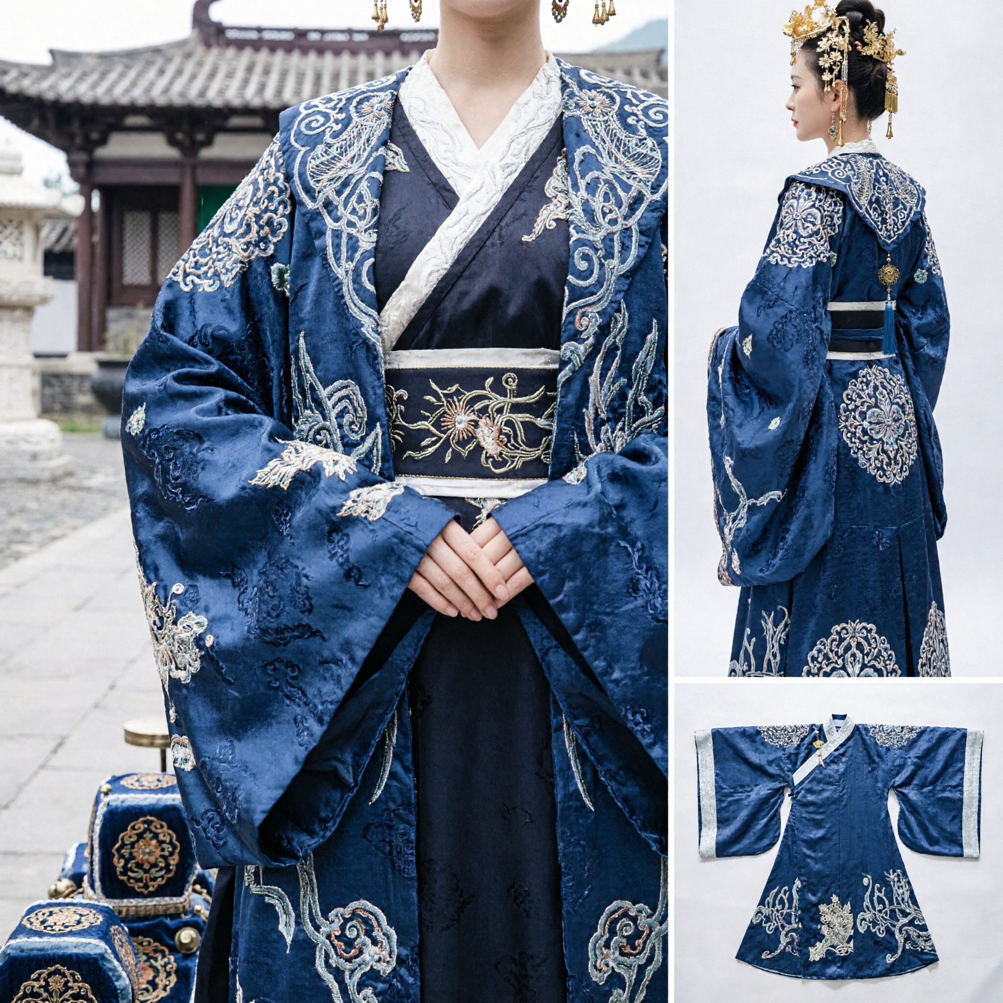 Traje Hanfu Chino Antiguo de Noble de Palacio Azul Oscuro Túnica Tradicional Bordada para Mujer Cosplay y Actuación - Asian Costume