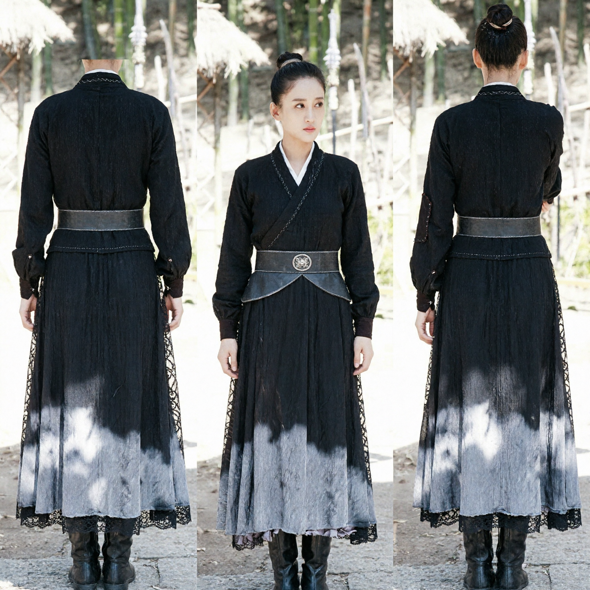 Costume Hanfu noir de chevalière et épéiste ancienne chinoise traditionnelle pour femmes, tenue de cosplay Wuxia et d'archerie - Asian Costume