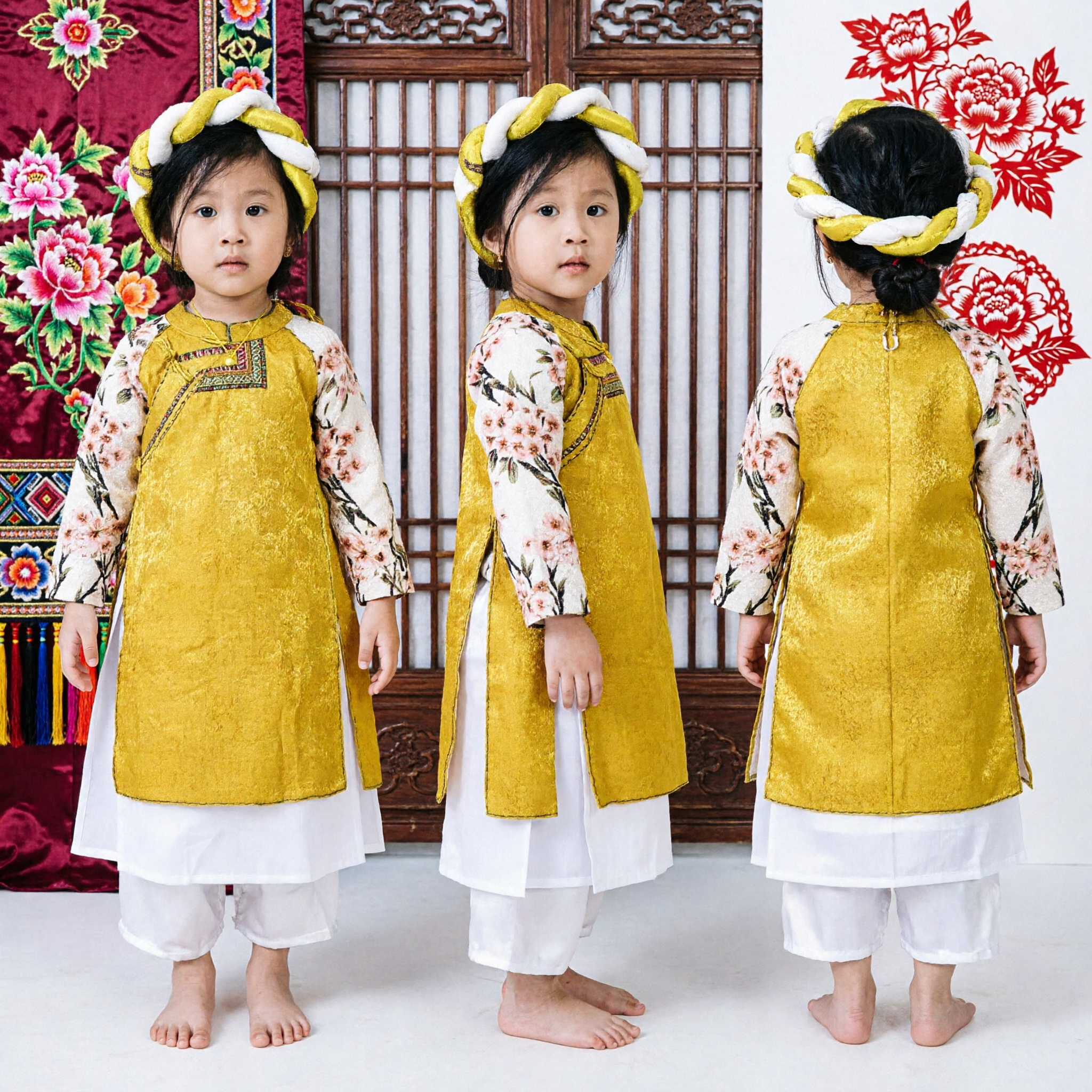 Kinderen Vietnamese Traditionele Áo Dài Kostuum Gele Bloemenprint Jurken Meisje Tet Vakantie Feest Outfit - Asian Costume