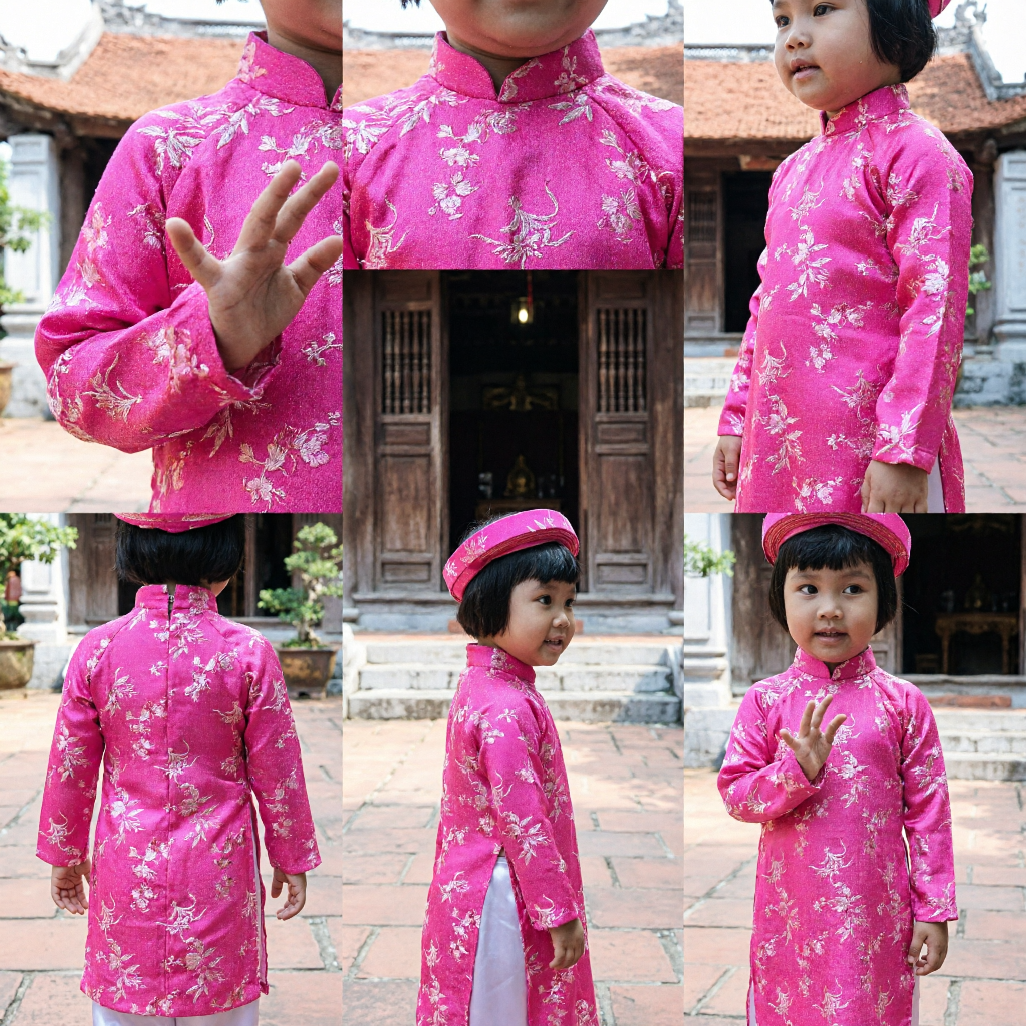 Áo Dài Vietnamita Tradicional para Niños Túnica Rosa Floral con Tocado Khăn Đóng para Festivales - Asian Costume
