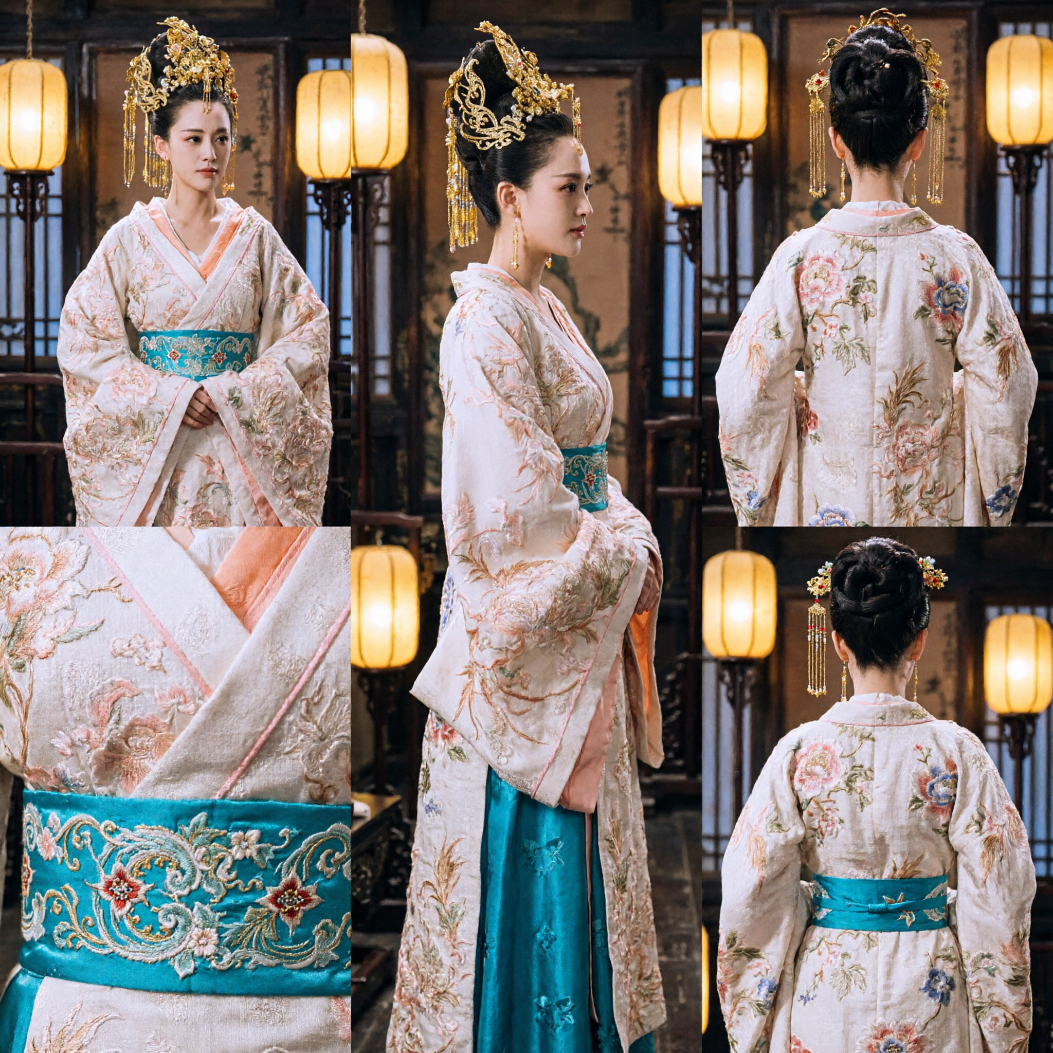 Traje Chinês Tradicional Antigo de Dama do Palácio Vestido Hanfu Branco Floral com Chapéu Dourado para Mulheres Cosplay - Asian Costume