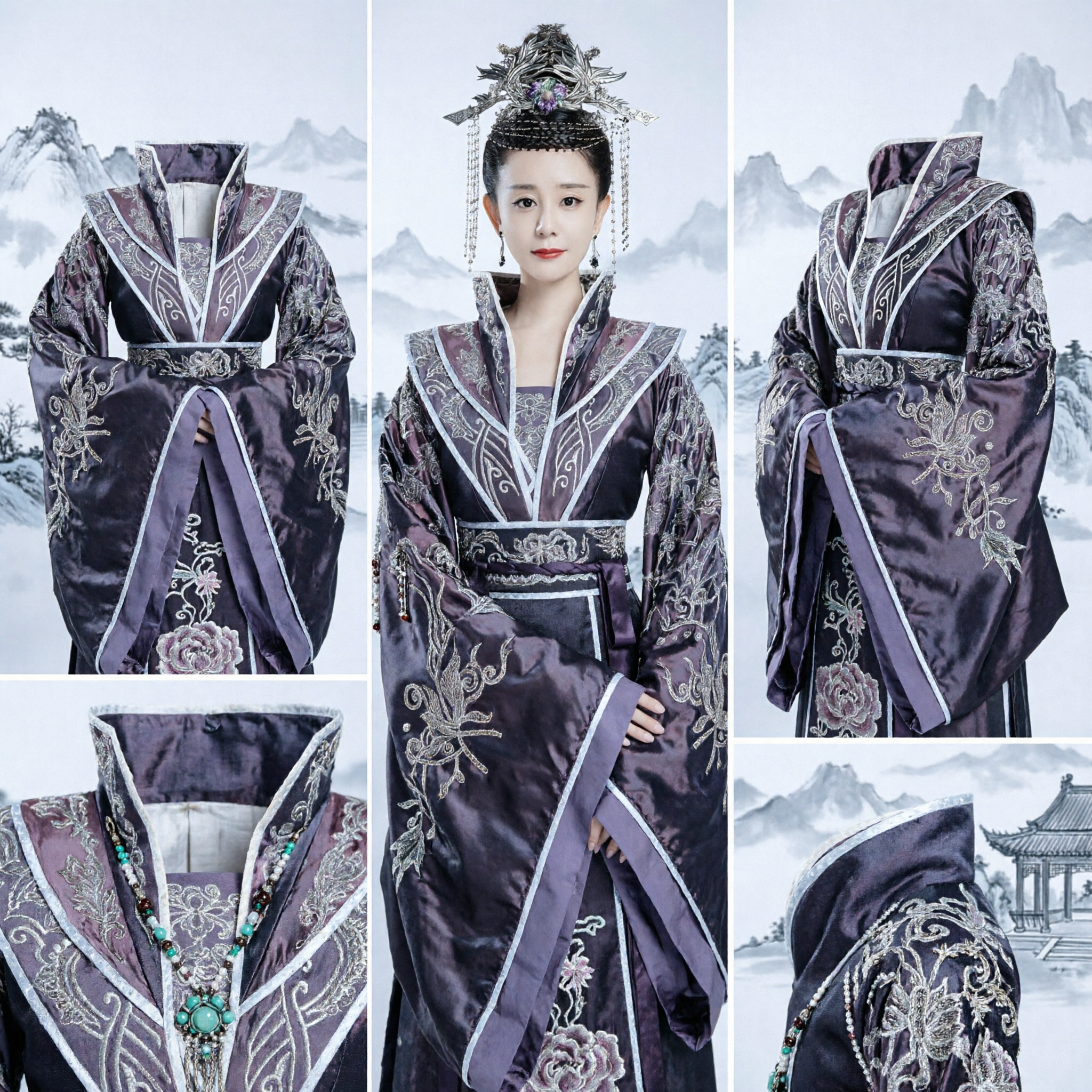 Traje de Imperatriz Chinesa Antiga Vestido Hanfu Roxo com Bordado Prateado e Adorno de Cabeça para Mulheres - Asian Costume