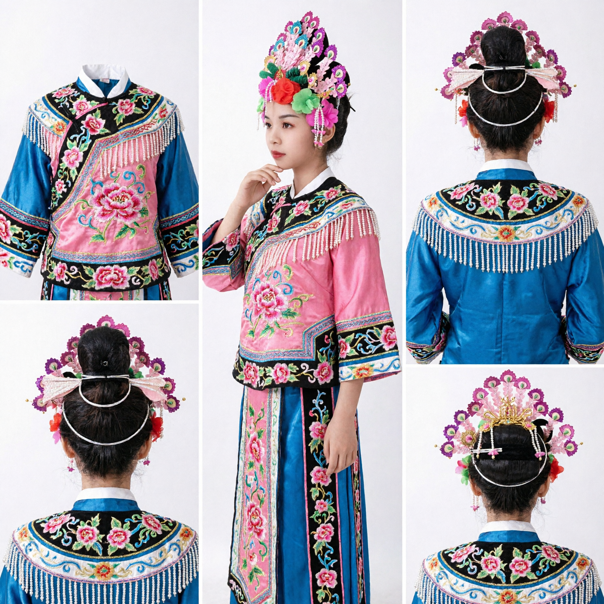 전통 중국 봉황관 머리장식 화려한 벨벳 꽃 머리 장신구 웨딩 신부 가극 공연용 - Asian Costume