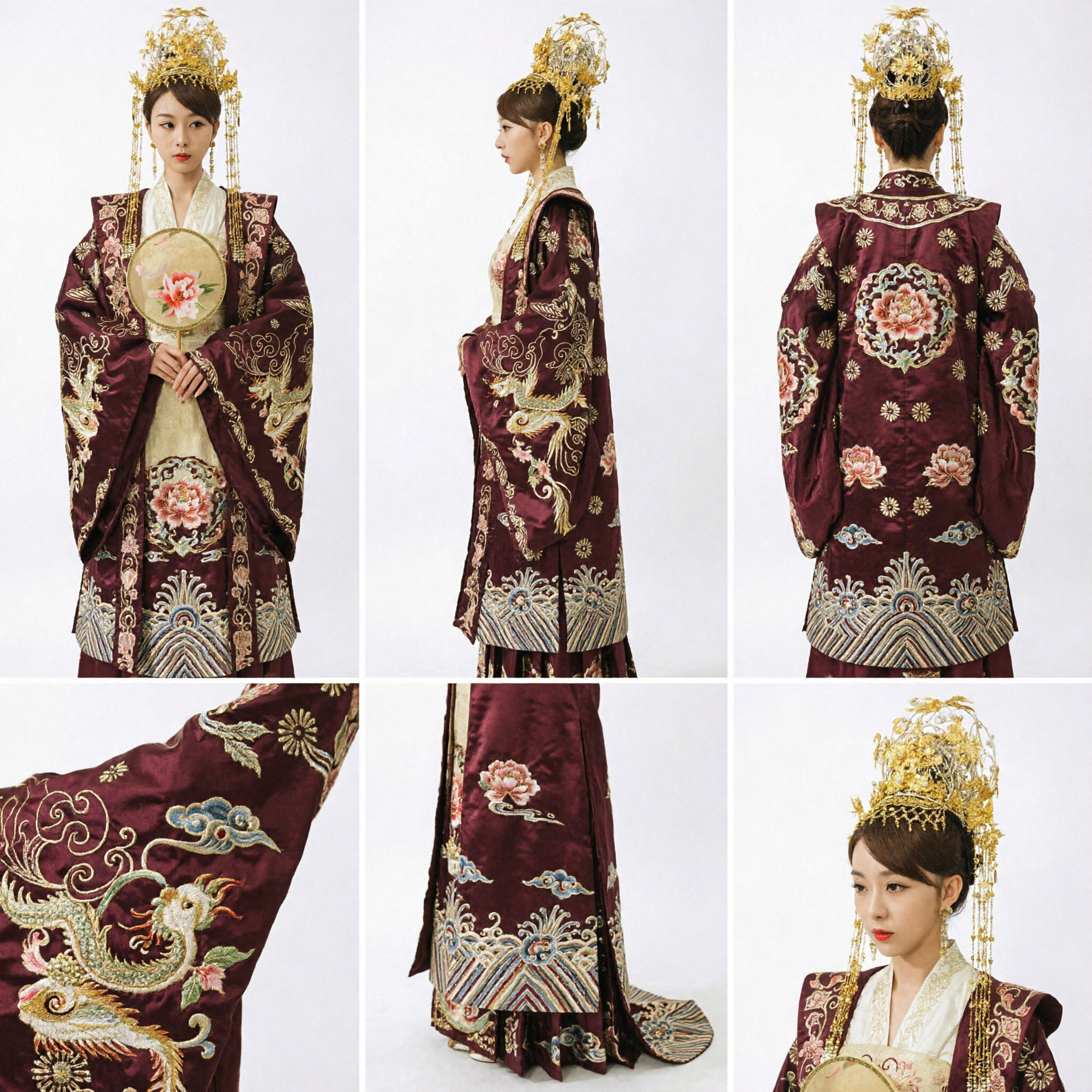 Oude Chinese Keizerin Hanfu Kostuum Set met Uitgebreide Gouden Hoofdtooi en Waaier voor Vrouwen Podiumoptreden - Asian Costume