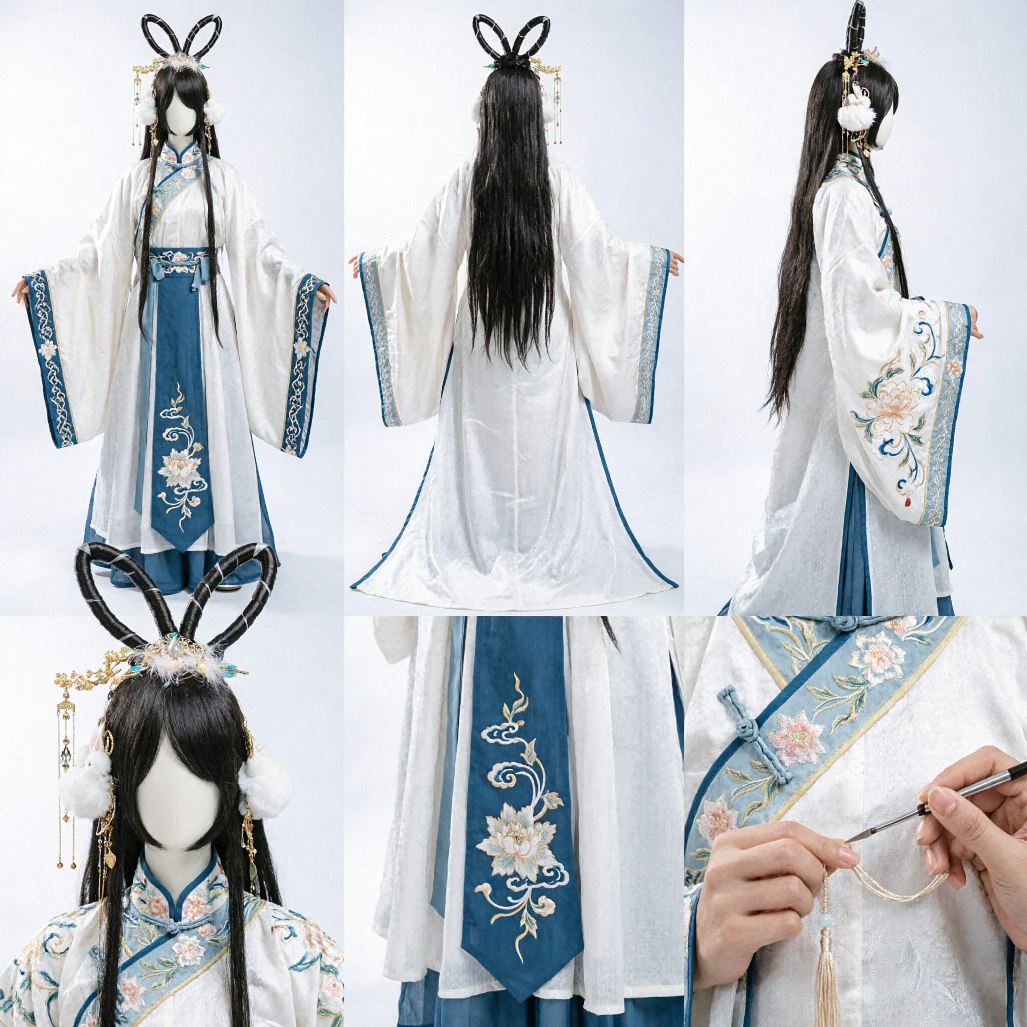 Parrucca Hanfu Tradizionale Cinese con Capelli Lunghi Neri, Orecchie da Coniglio e Fermagli Dorati per Cosplay - Asian Costume