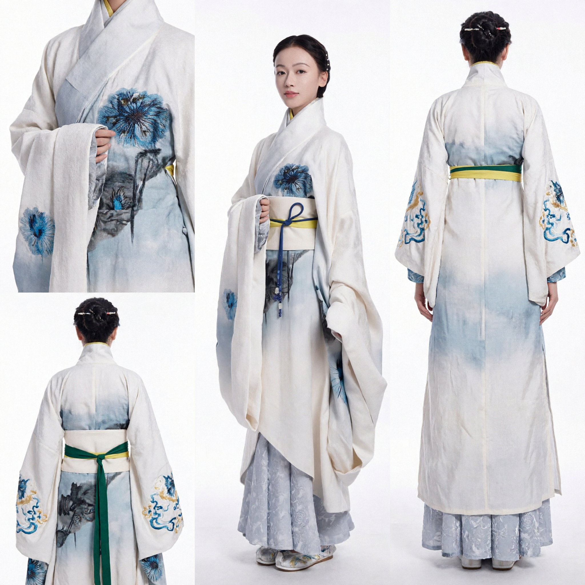 Elegante Costume Antico Tradizionale Cinese Hanfu Bianco e Blu Floreale per Donne Performance sul Palco e Fotografia - Asian Costume