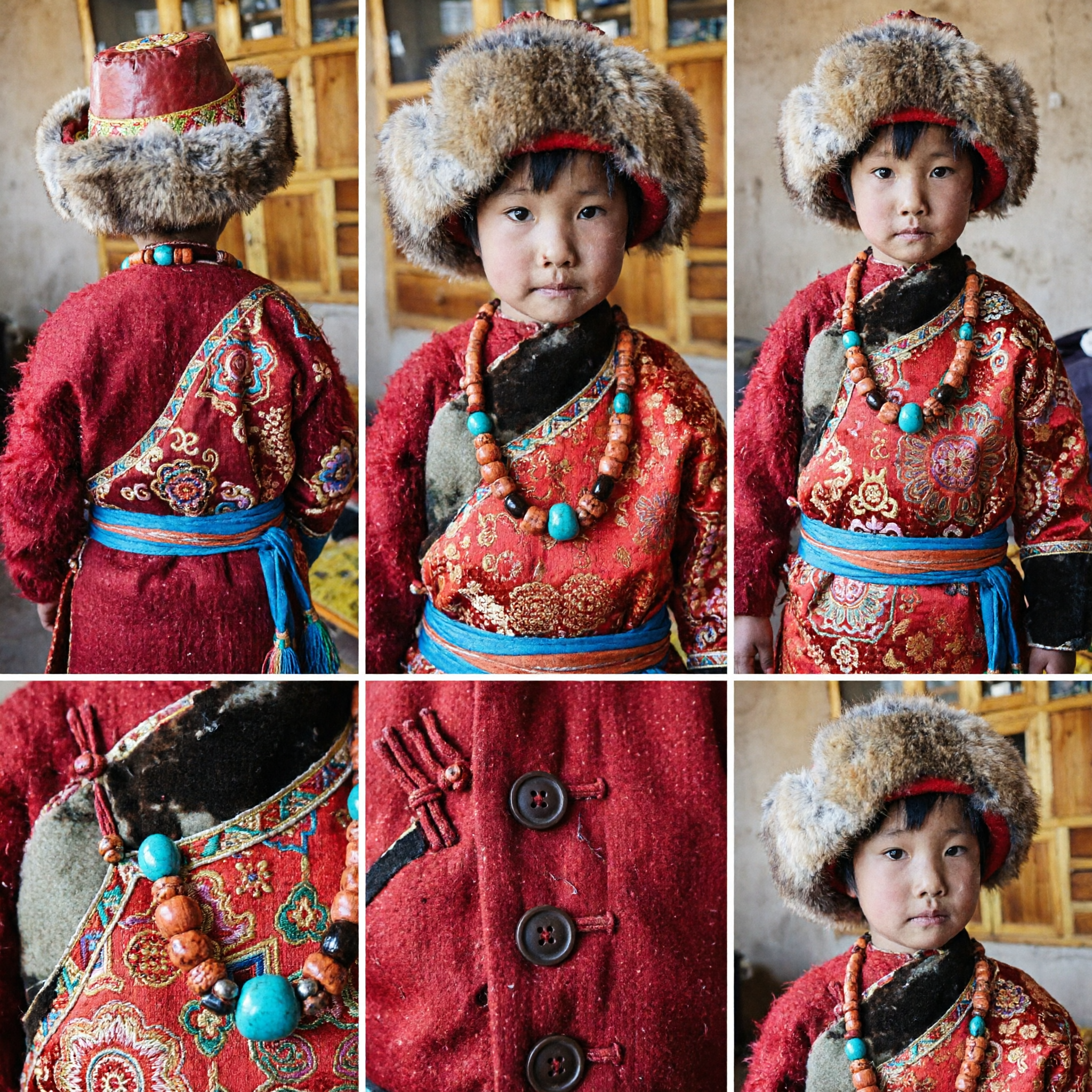 Traje Tradicional Tibetano Infantil Conjunto de Túnica Chuba de Piel Roja y Sombrero para Niños en Festivales y Presentaciones - Asian Costume