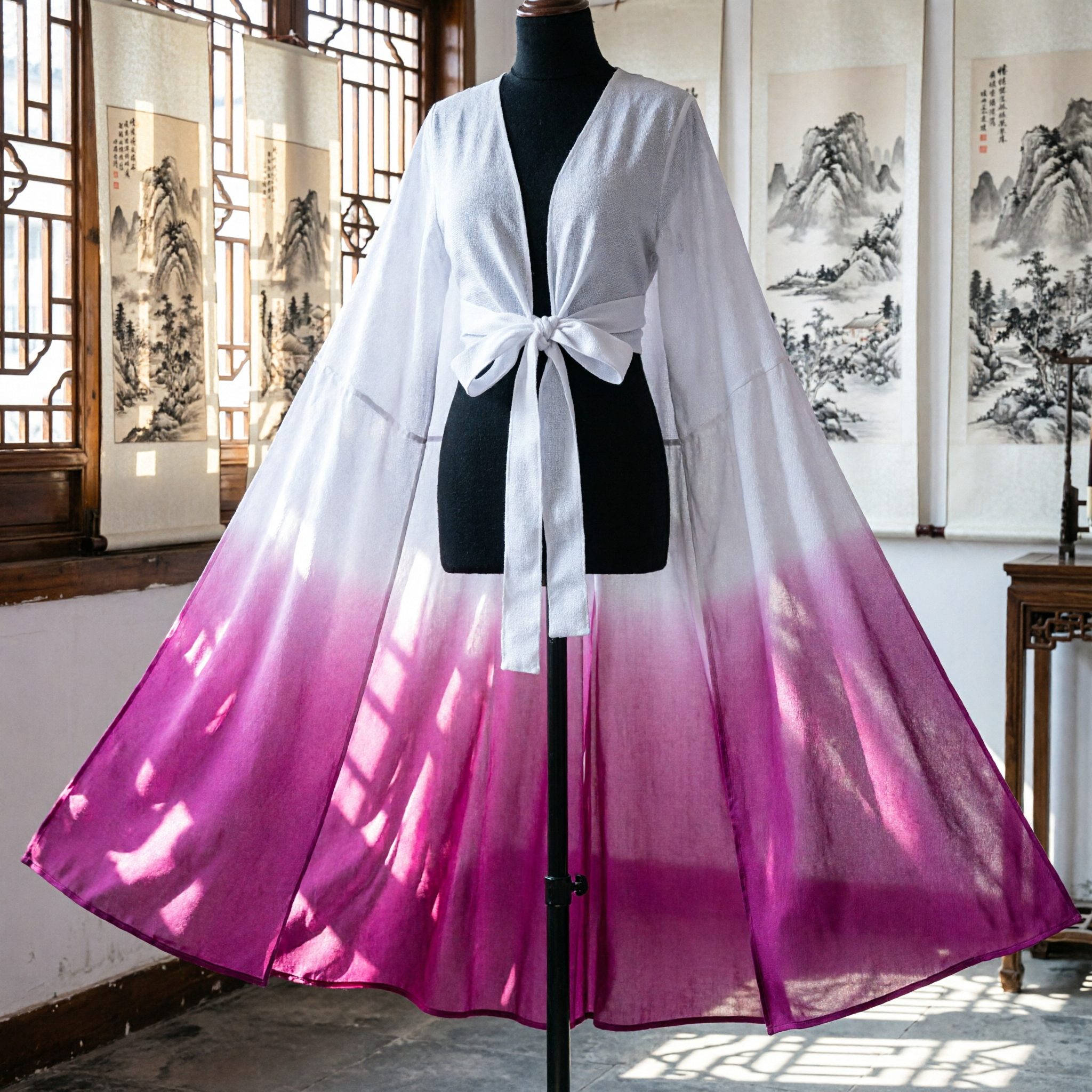 Écharpe à manches d'eau longues traditionnelle chinoise de danse classique Dégradé rose et blanc pour spectacle féminin - Asian Costume