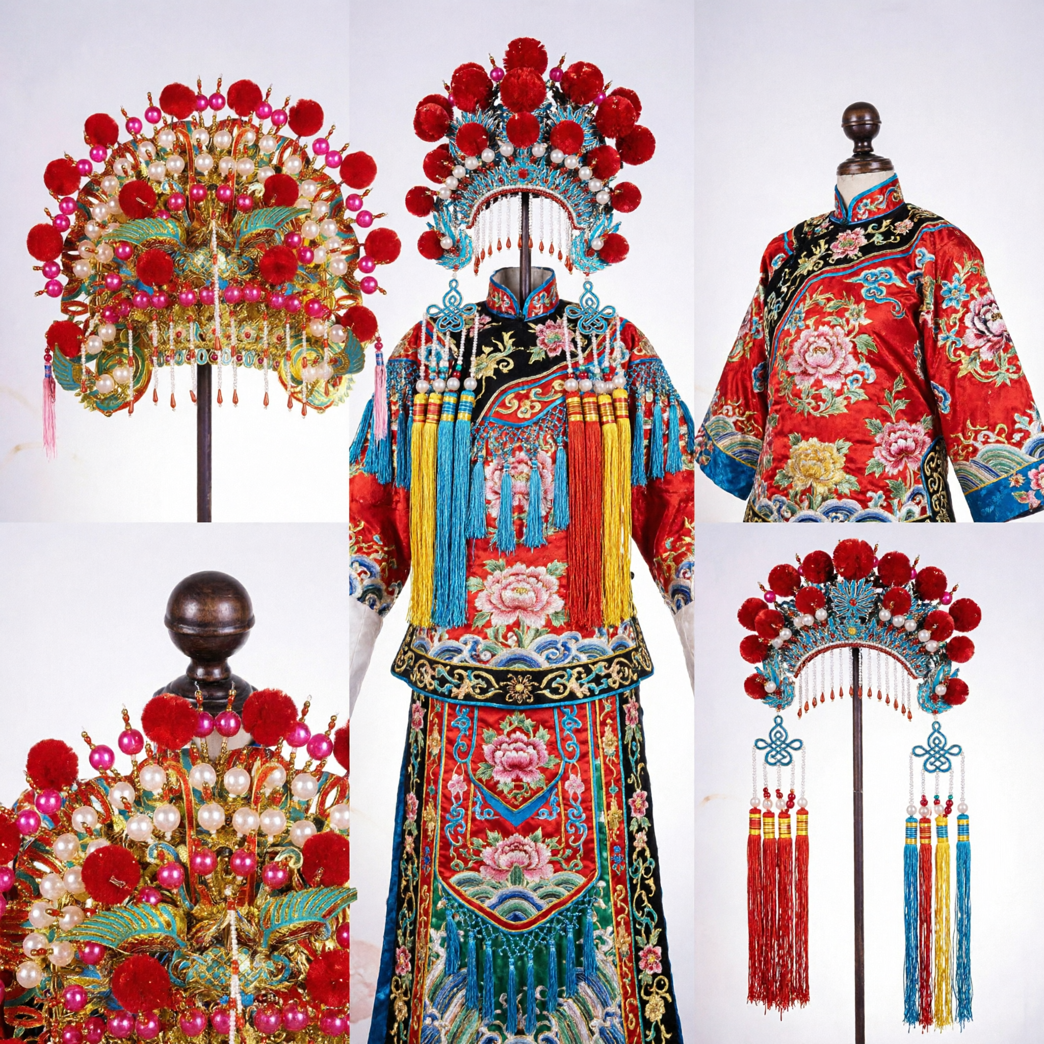 Couronne phénix traditionnelle de l'opéra de Pékin avec pompons rouges, perles et plumes pour spectacle - Asian Costume