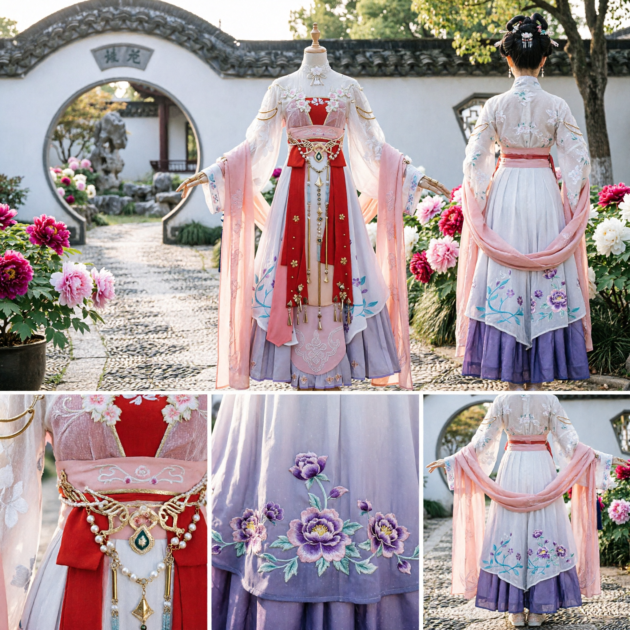 Elegante Roze en Rode Tang-dynastie Hanfu Qixiong Ruqun Jurk Traditioneel Chinees Kostuum voor Vrouwen - Asian Costume
