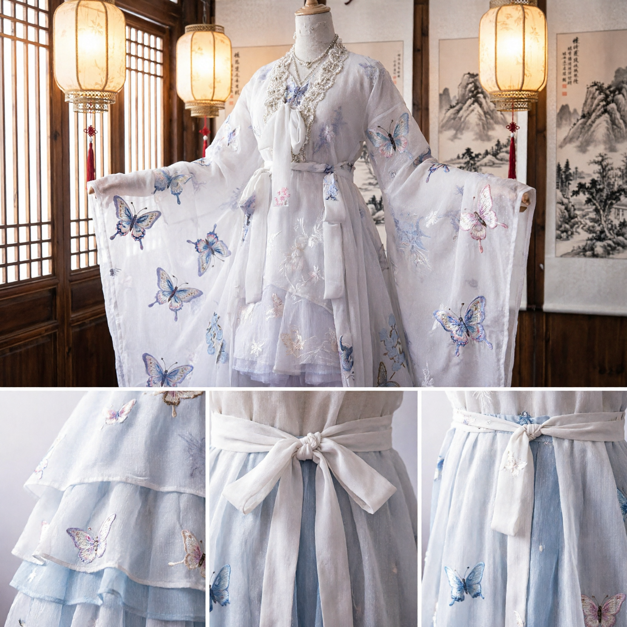 Antikes chinesisches Hanfu Weißes Feenkleid Blaues Blumenmuster mit weiten Ärmeln Tang-Dynastie-Kostüm für Frauen - Asian Costume