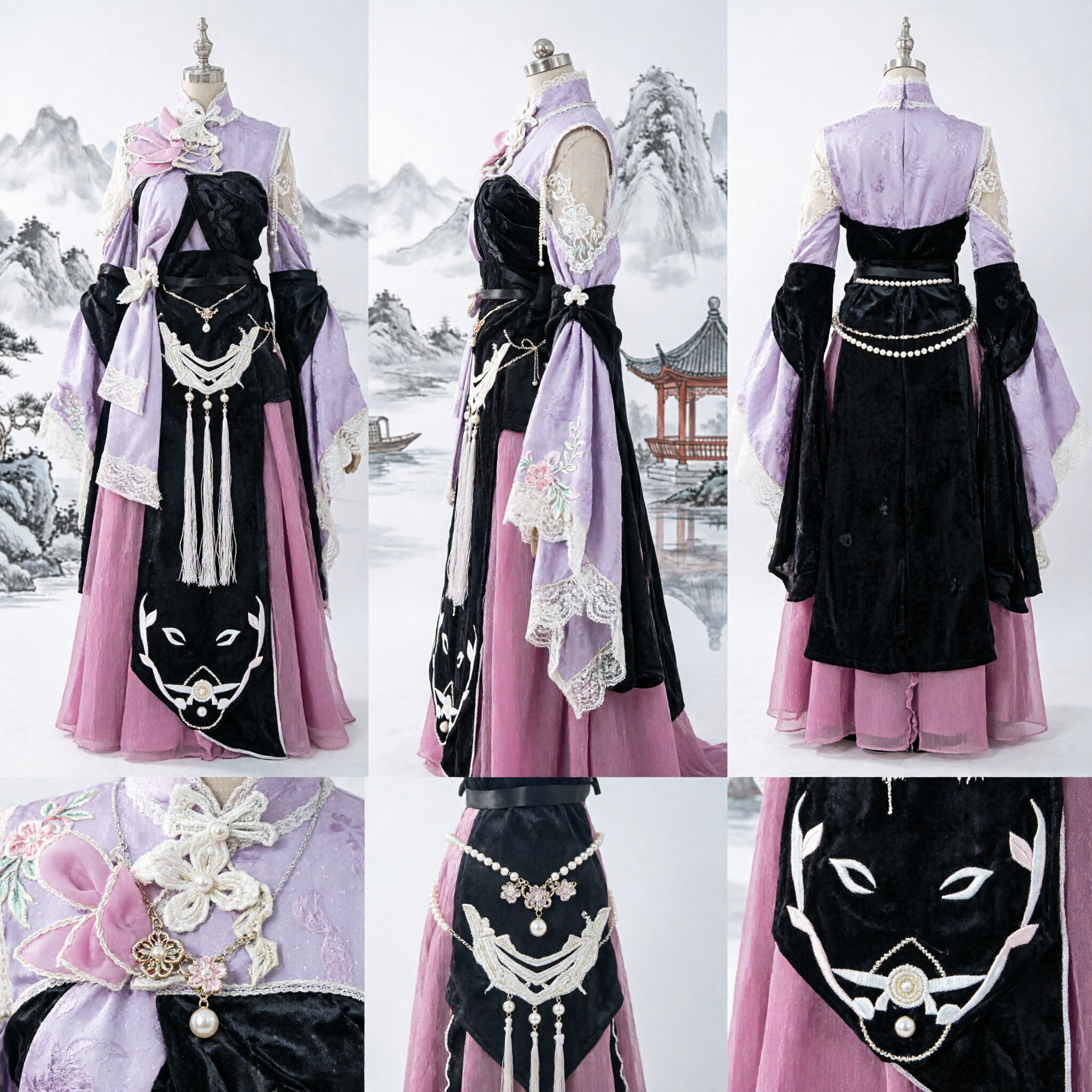 Lila-schwarzes antikes chinesisches Hanfu-Kostüm Traditionelles Feenkleid mit weiten Ärmeln für Frauen-Cosplay - Asian Costume