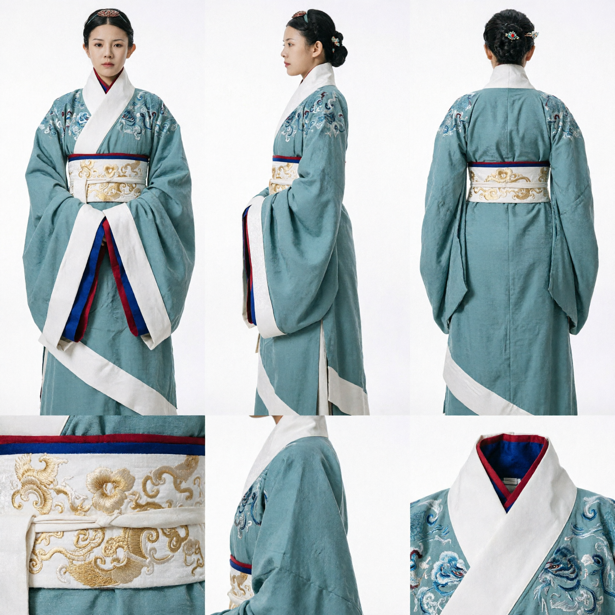 Traditional Chinese Ming Dynasty Hanfu Costume for Women Blue Embroidered Cross-Collar Dress for Cosplay - Asian Costume