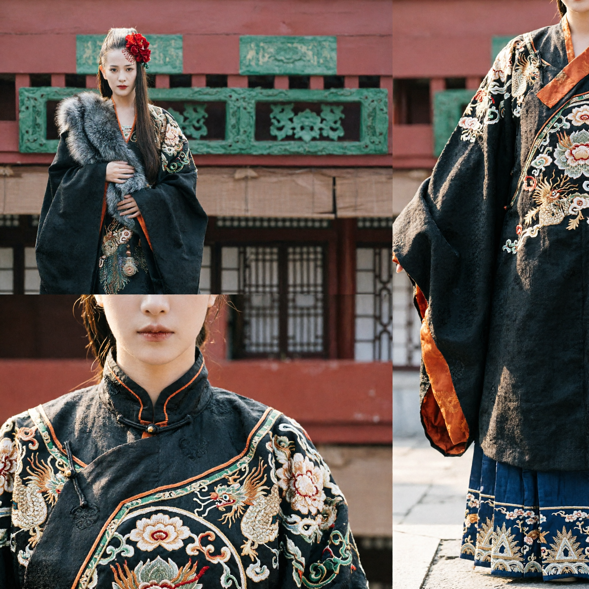 Antikes chinesisches Königin-Hanfu-Kostüm Schwarz Pelzkragen besticktes Gewand für Frauen Historien-Drama Cosplay - Asian Costume