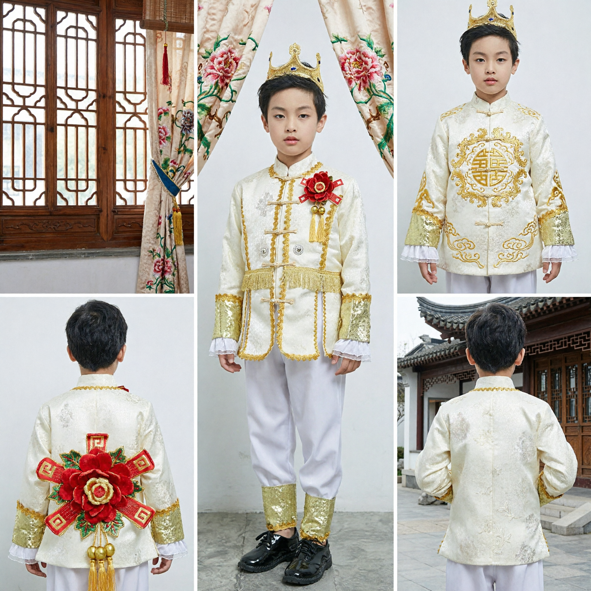 Kids Boys White Prince Costume Gold Trim Royal King Suit for Stage Performance Halloween Party - Asian Costume
