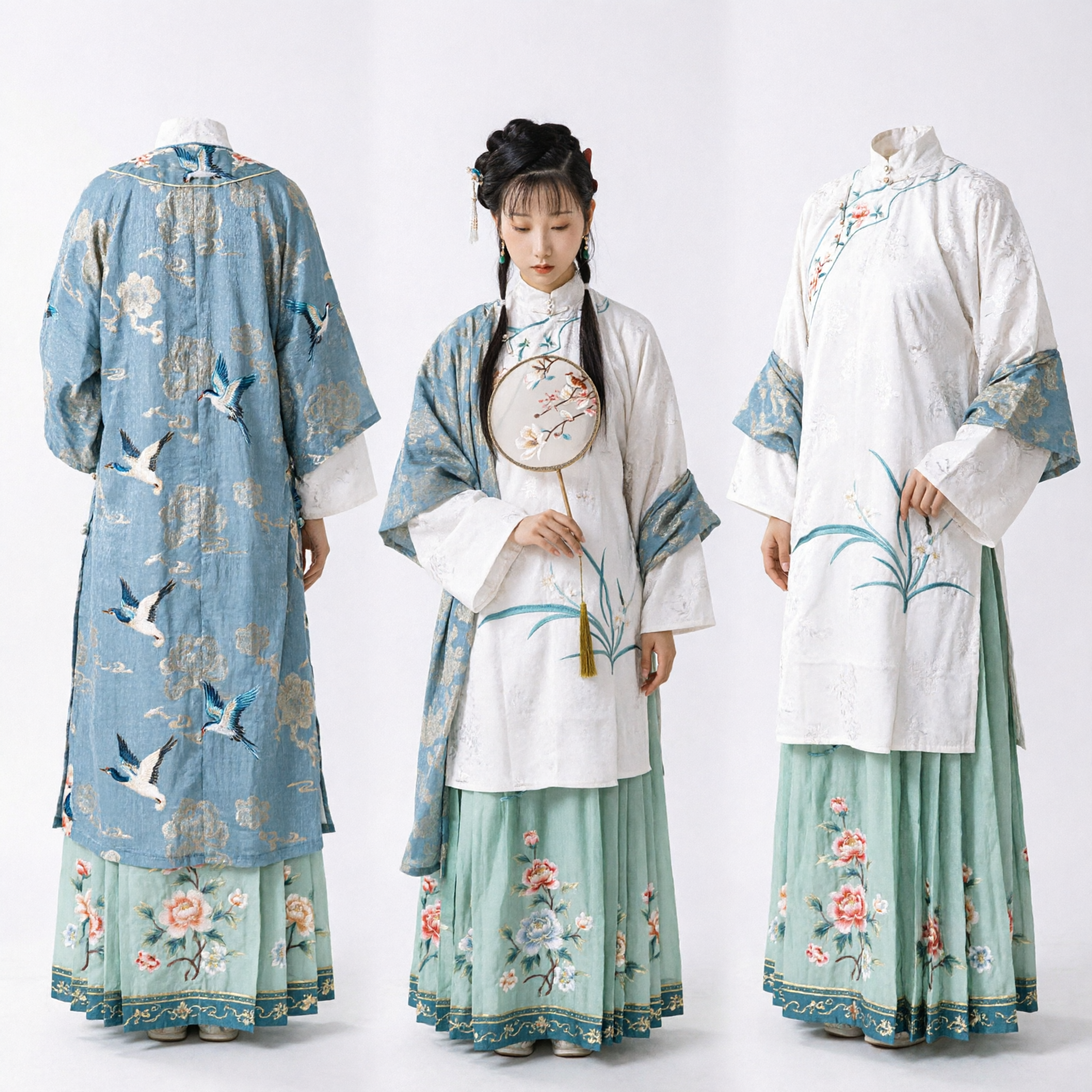 Robe florale bleue Hanfu Ming traditionnelle chinoise élégante pour femmes Costume ancien ensemble complet - Asian Costume