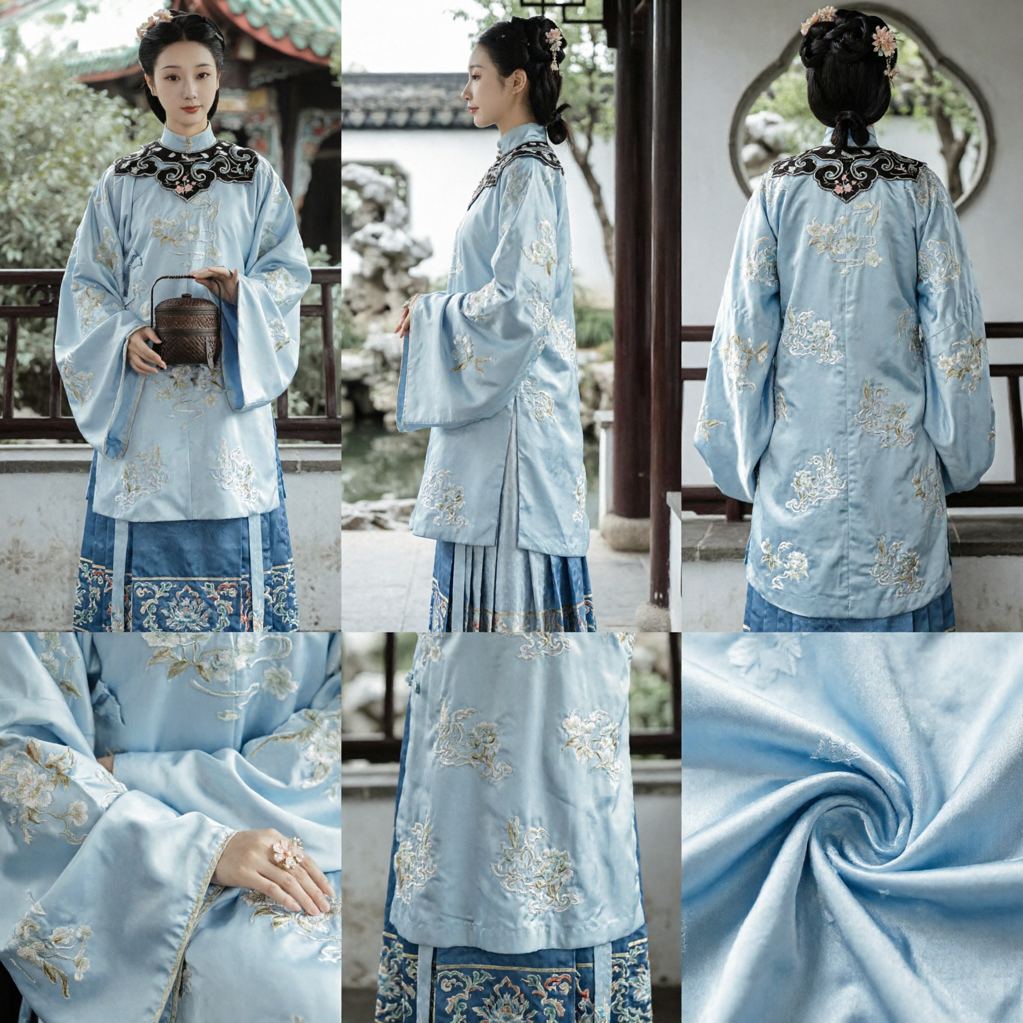 Traditionelles chinesisches Qing-Dynastie Blau Besticktes Wolken-Schultertuch Gewand und Rock-Set für Frauen Historisches Kostüm - Asian Costume