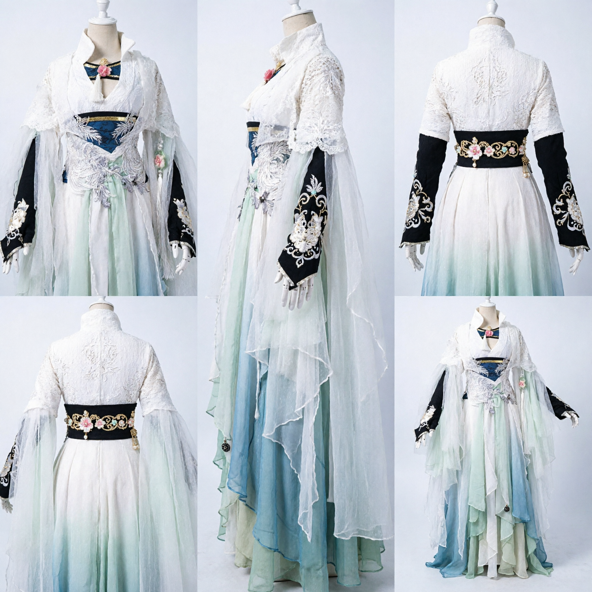 Traditional Chinese Hanfu Ancient Fairy Costume White Blue Gradient Dress with Feather Embroidery Cosplay Outfit for Women - Asian Costume