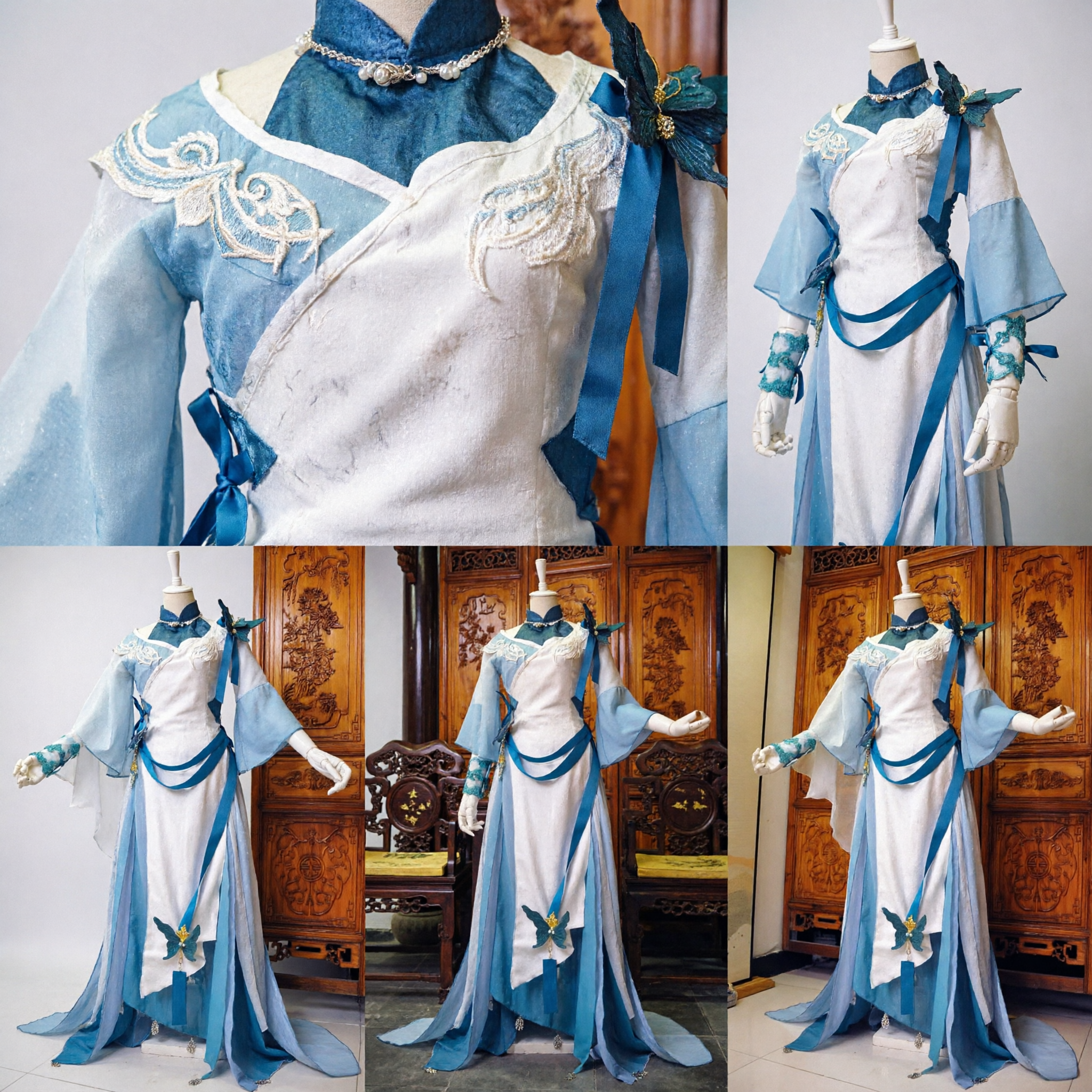 Traje Hanfu Antigo Chinês de Fada, Vestido Bordado Azul e Branco para Mulheres, Cosplay e Performance no Palco - Asian Costume