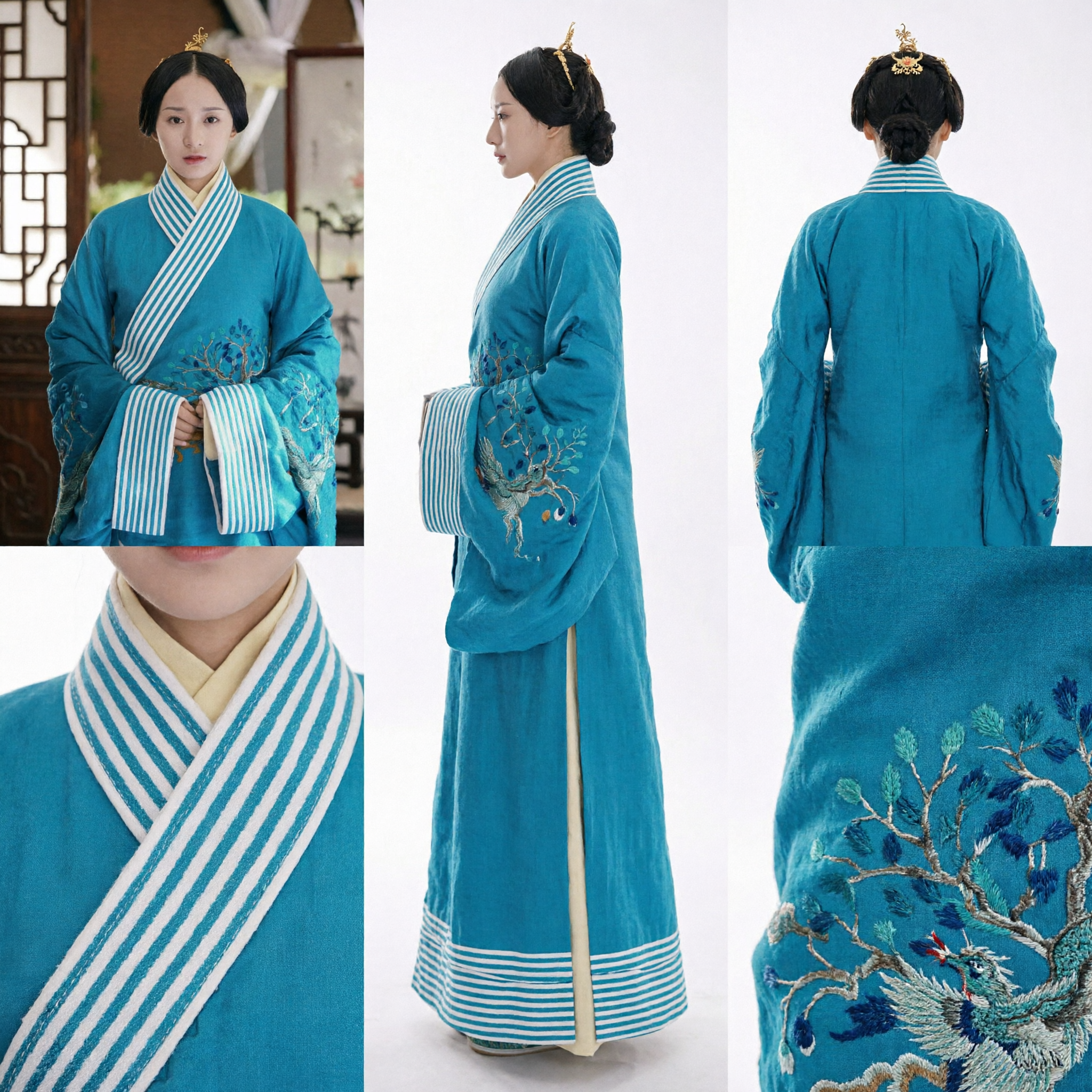 전통 중국 고대 궁녀 청록색 한푸 의상 자수 역사 드레스 여성 코스프레용 - Asian Costume